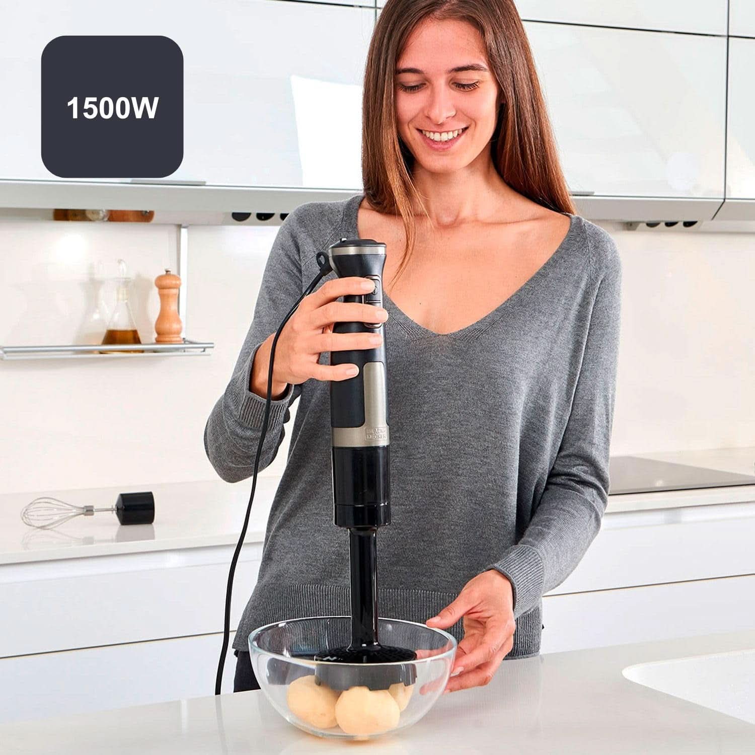 BLACK+DECKER Keukenmixer | BXHBA1500E | 1500 Watt | 20 snelheden | Turbo | Edelstahl | Spritzschutz | Inclusief Pürieraufsatz, Schneebesen, Zerkleinerer en Messbecher Kitchen Naty Shop