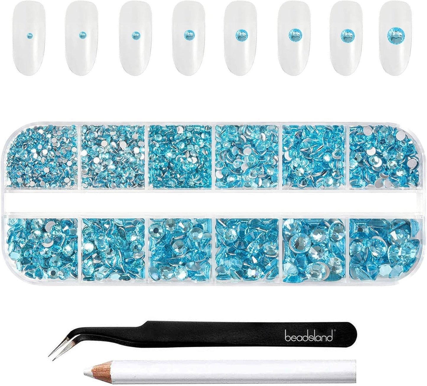 Beadsland 2500 stuks glas Nailart Strasssteine ​​Kristall Flatback Edelsteine ​​Runde, voor handwerk Gemischt 8 Größen SS4 ~ SS30 Mit Picking Pinzette en Stift (Kristall Weiss)