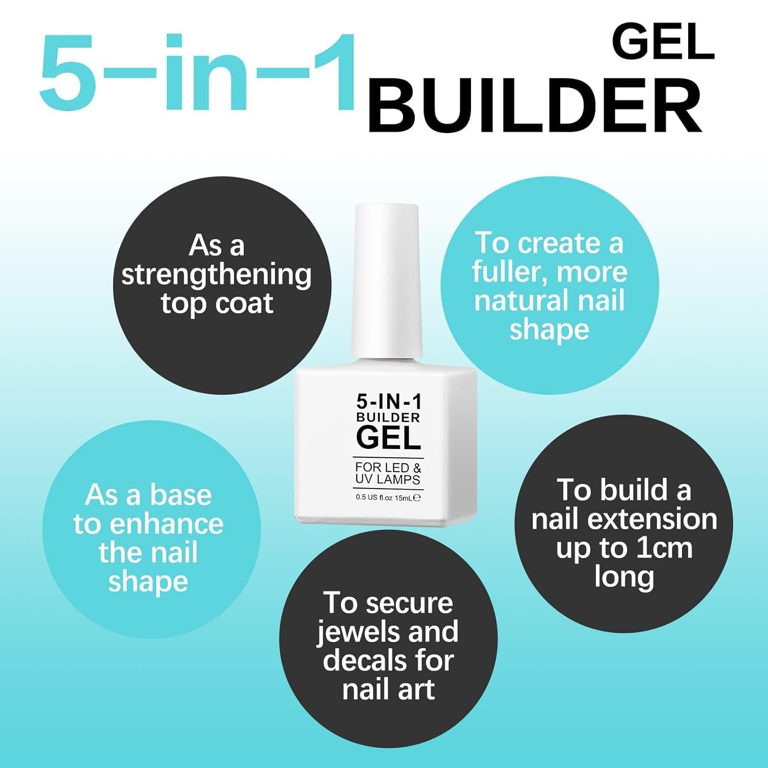 Builder 5 in 1 Builder Gel 15ml, Nail Builder Gel, Nail Builder Gel, UV/LED Nagelverlenging Nagellak, Extensions, Nail Art, Stickers, Gel Nail Builder Gel (wit)