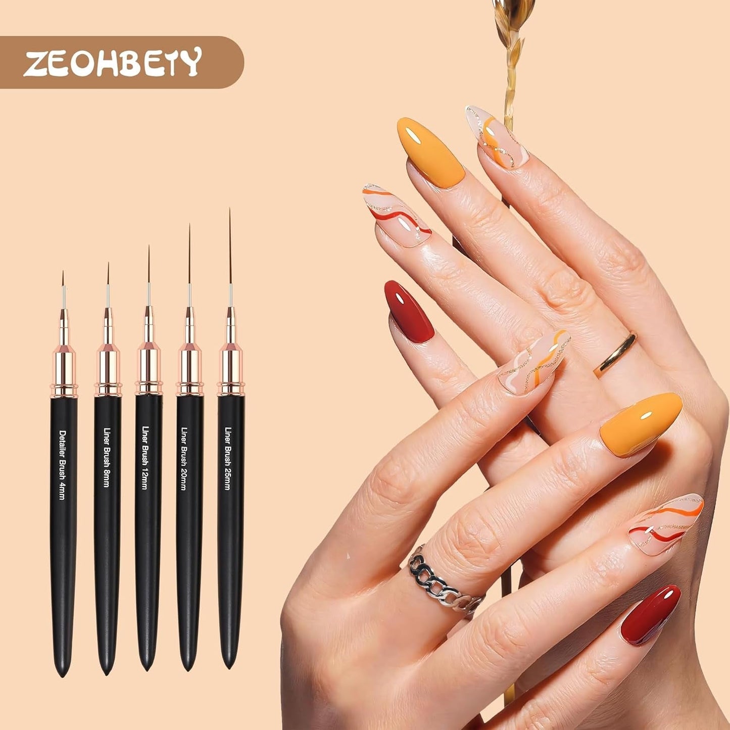 Nagelborstels, 5-delige nagelcontourborstels, schilderontwerpborstelset, nagelpunt tekengereedschap voor lange lijnen, dunne details, fijne tekening in maat 6/9/12/15/18 mm, zwart