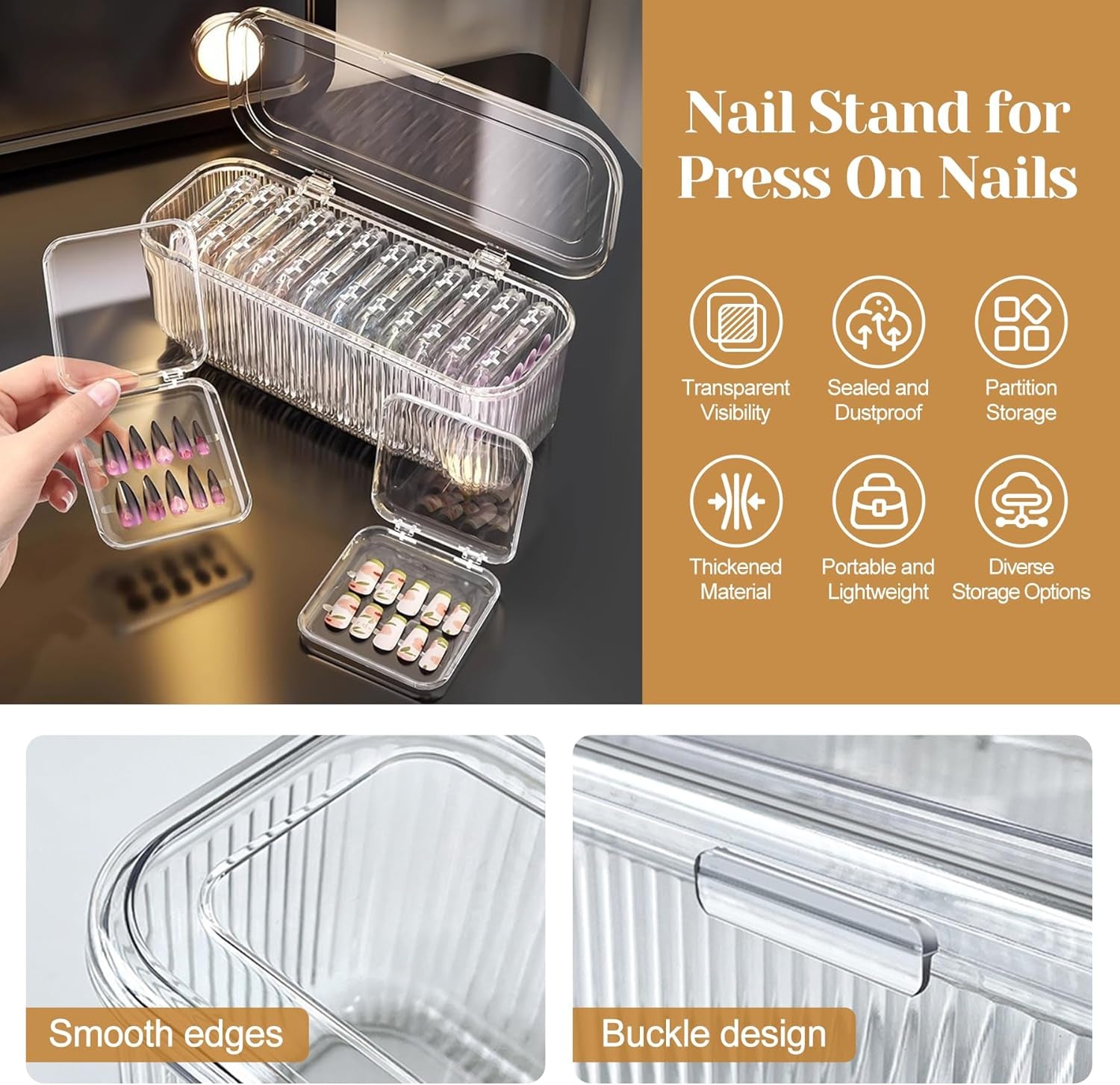 INMORVEN nagelopbergdoosset - 14 transparante nageldozen + 1 grote doos en 60 zelfklevende schijven - Ideaal voor het opbergen van kunstnagels, gelnagelaccessoires en nagellak (14 stuks in één laag)