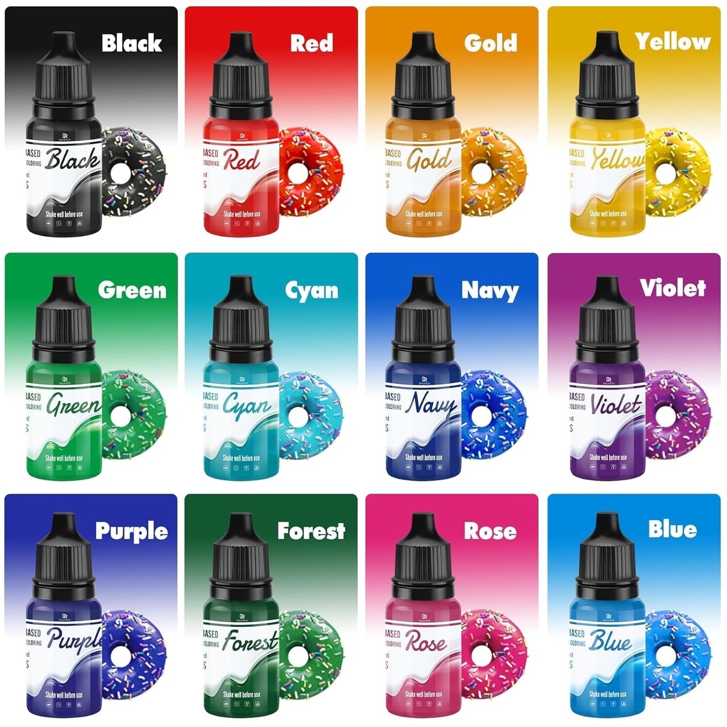 Vetoplosbare chocoladekleurstof - 12 kleuren op olie gebaseerde kleurstof voor fondant, taartdecoratie, bakken - vloeibare kleurstof voor cacaoboter, botercrème, cakes - elk 10 ml