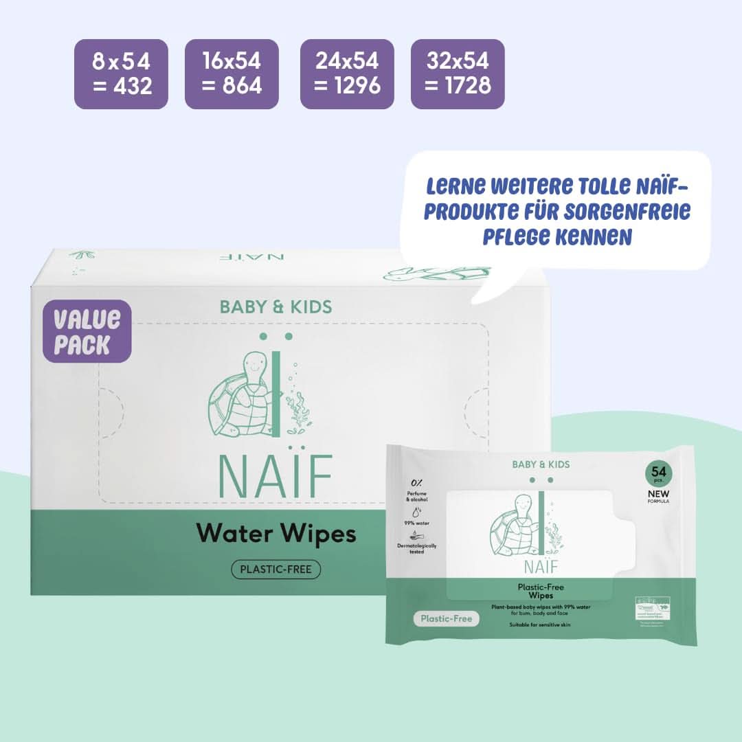 Naïf Plastikfreie Feuchttücher 864 Stück (16Er X 54 Feuchttücher) - Pflege Für Babypo, Körper Und Gesicht - 99% Aus Wasser - 0% Parfum en Alkohol - Nachhaltige Feuchttücherbox Eukalyptus Sensitiv Naty Shop