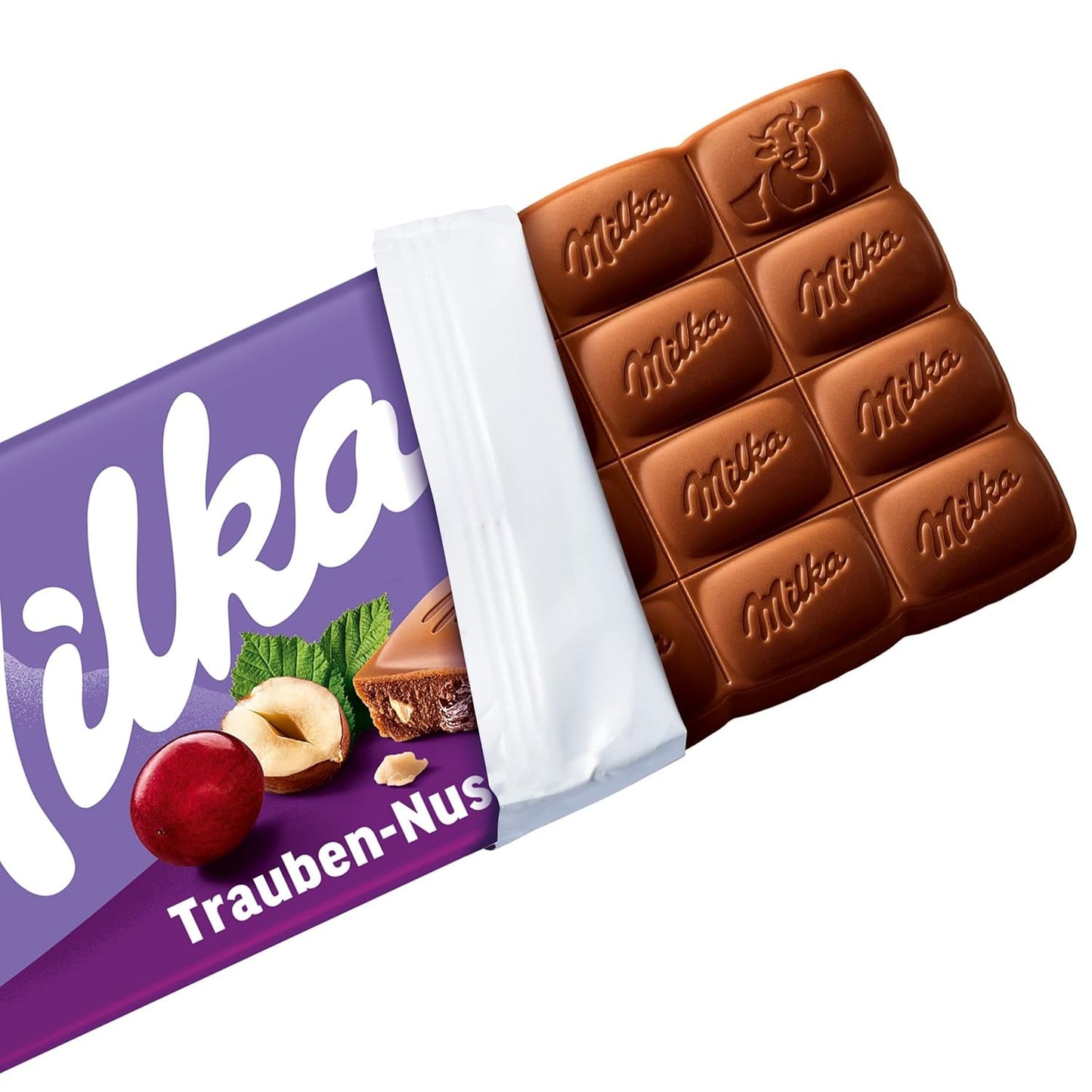 Milka Druiven en Hazelnoten – Alpenmelkchocolade met stukjes hazelnoot en rozijnen – 90g
