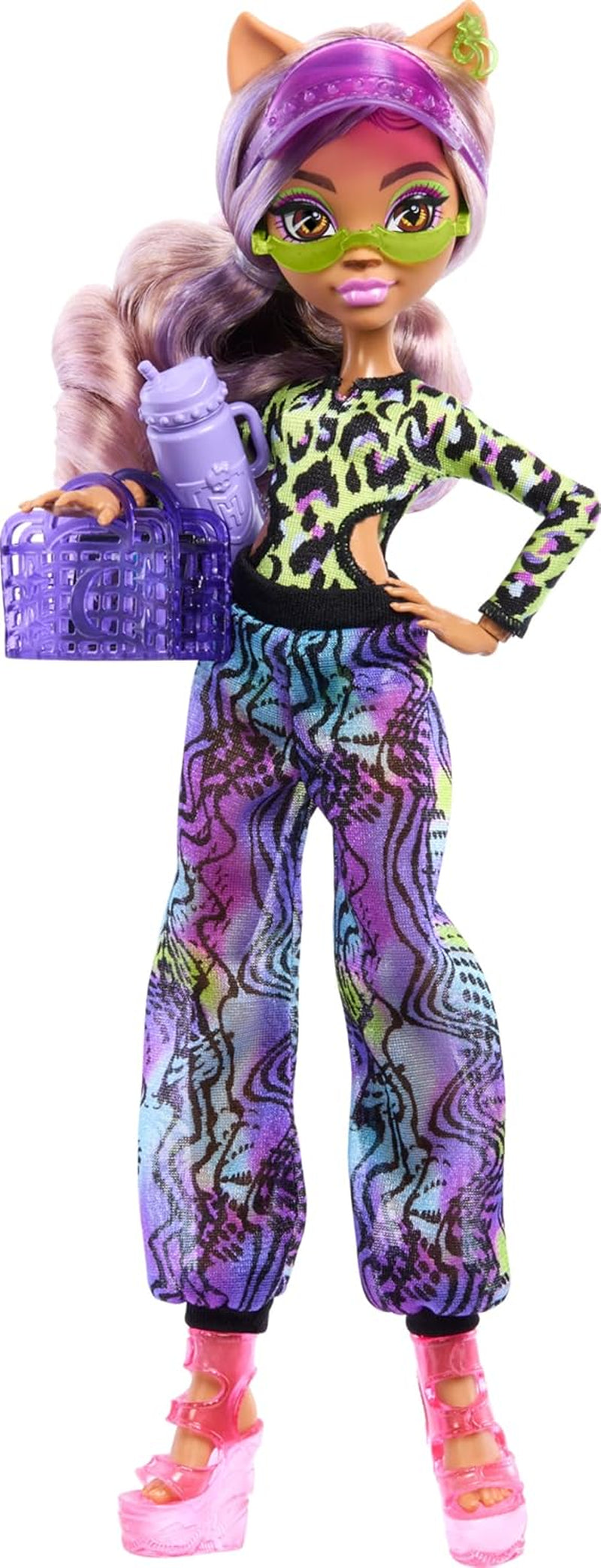 Monster High Scare Adise Island Clawdeen Wolf-pop met zwempak, joggingbroek en strandaccessoires zoals vizier, waterfles en boek