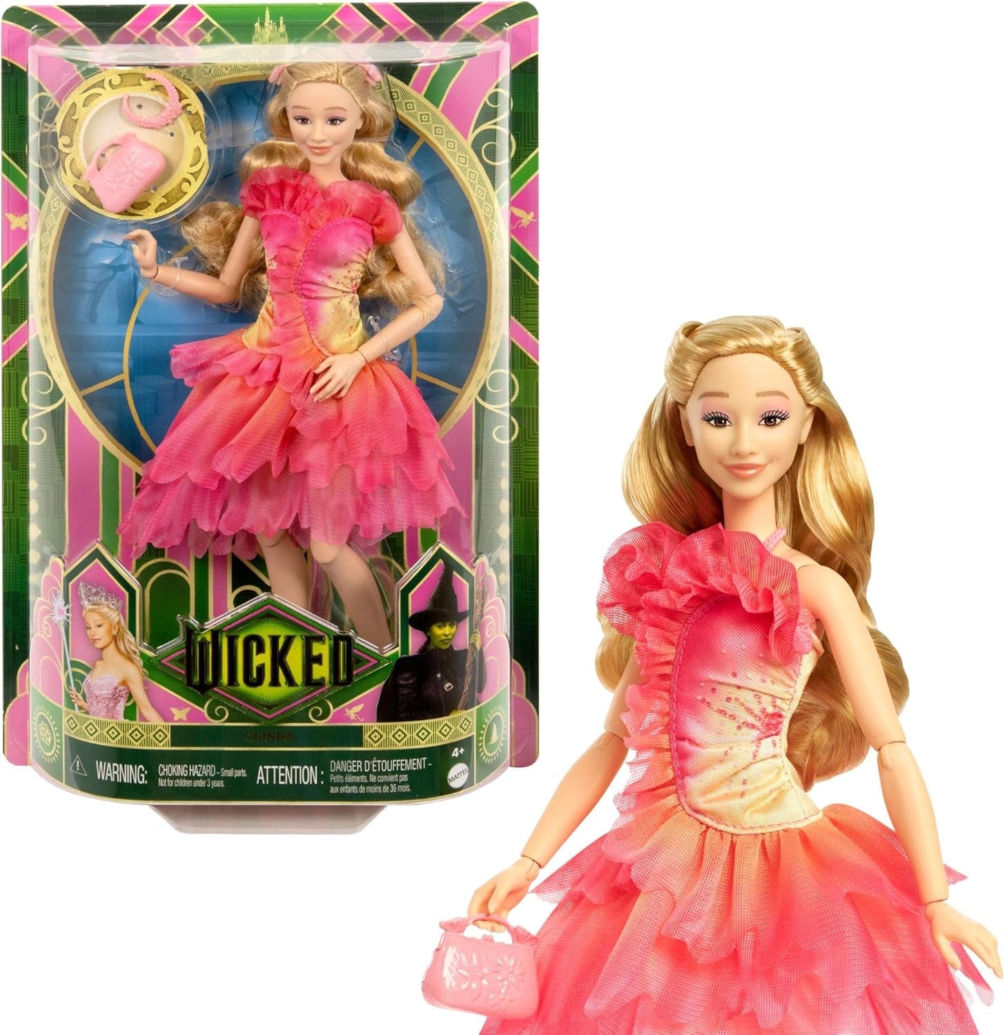 Mattel Wicked Glinda modepop en accessoires met blond haar, verschillende mogelijke poses en afneembare baljurk, HXT63