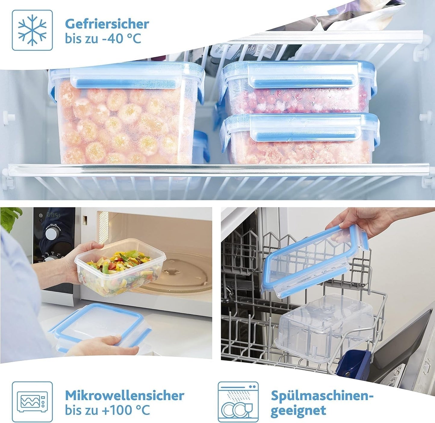 Emsa 515585 Voedselclip & Sluiting | 3-delige set | kunststof | transparant / groen | 0,55 / 1 / 2,2 liter Naty Shop voedselbewaardozen