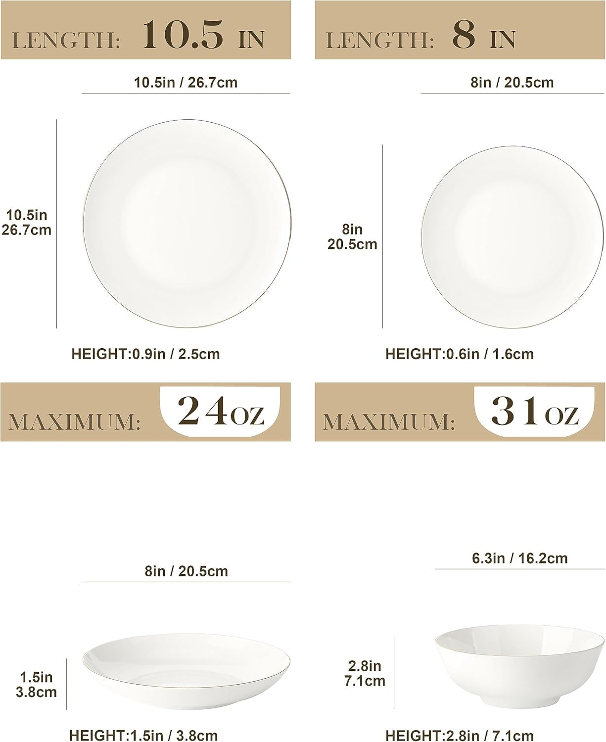MALACASA 4-persoons serviesset Bone China 16-delige serviesset rond wit met gouden rand Combinatieset van 4 dinerborden, 4 dessertborden, 4 Suma-borden en 4 ontbijtgranenschalen NORI-serie
