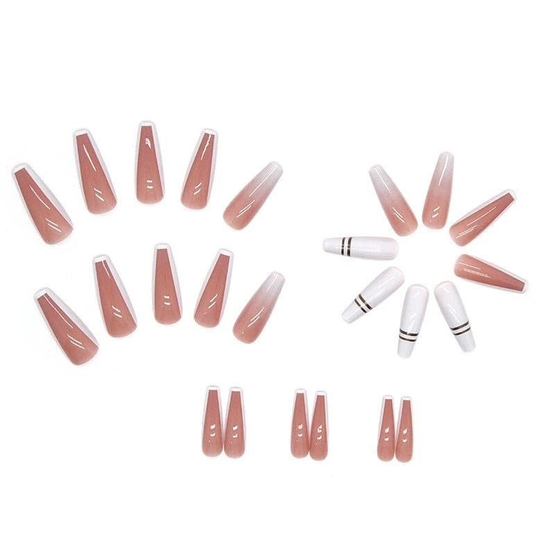 24 stuks Franse pers op lange nagels Doodskist Witte kunstnagels Ombre roze Nude Zelfklevende nagels Acryl nagelset Nageltips voor dames Lente Zomer Nagelaccessoires