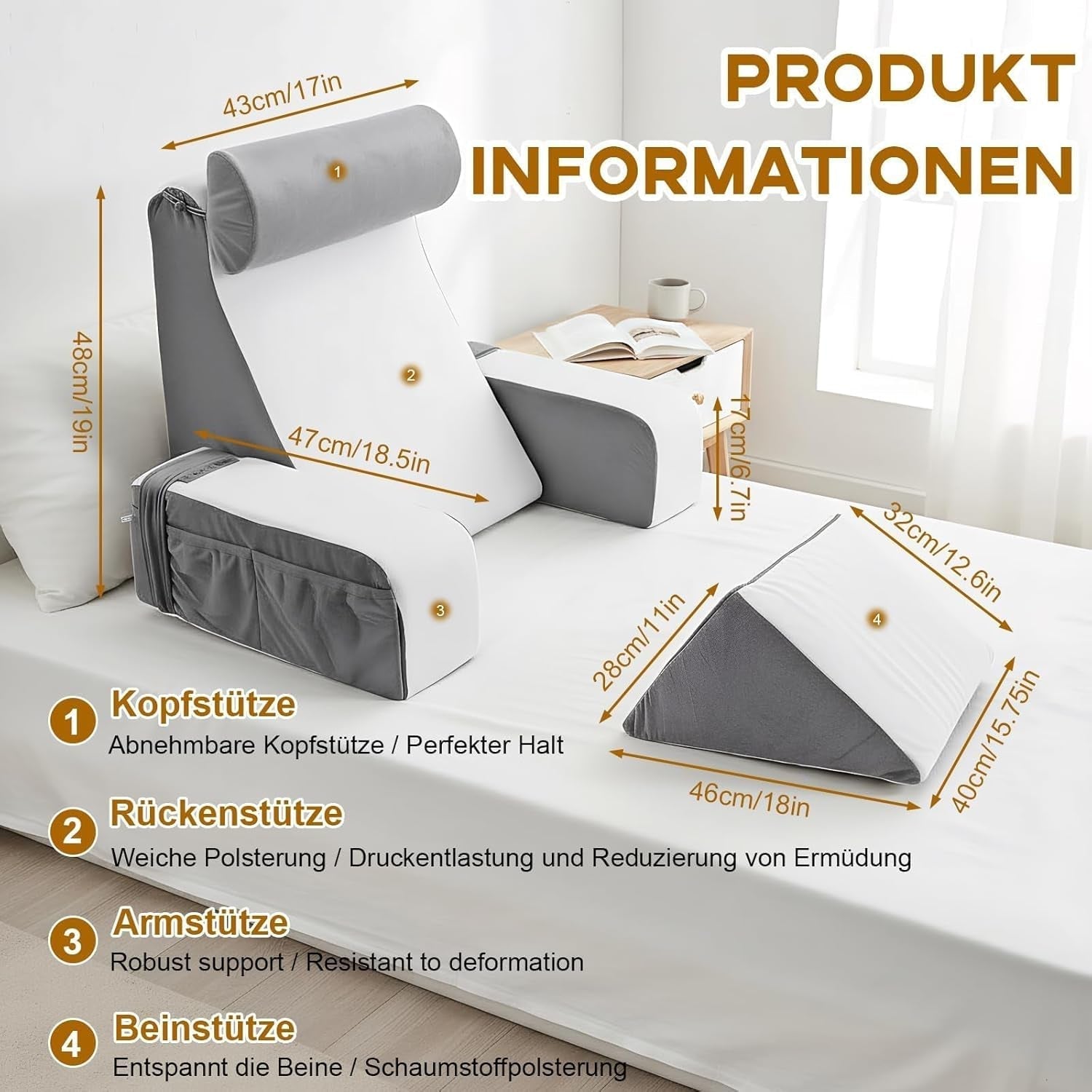 Leeskussen met afneembare neksteun en armleuning, comfortabel en lichtgewicht rugkussen voor bed en bank, rugkussen voor volwassenen, rugleuning van traagschuim voor lezen, tv kijken en videogames