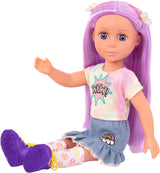 Glitter Girls - Luma - Gelede pop van 36 cm - Uniek paars haar en paarse ogen - Haarextensions, strik, clips en kleurrijke outfit - 3 jaar +