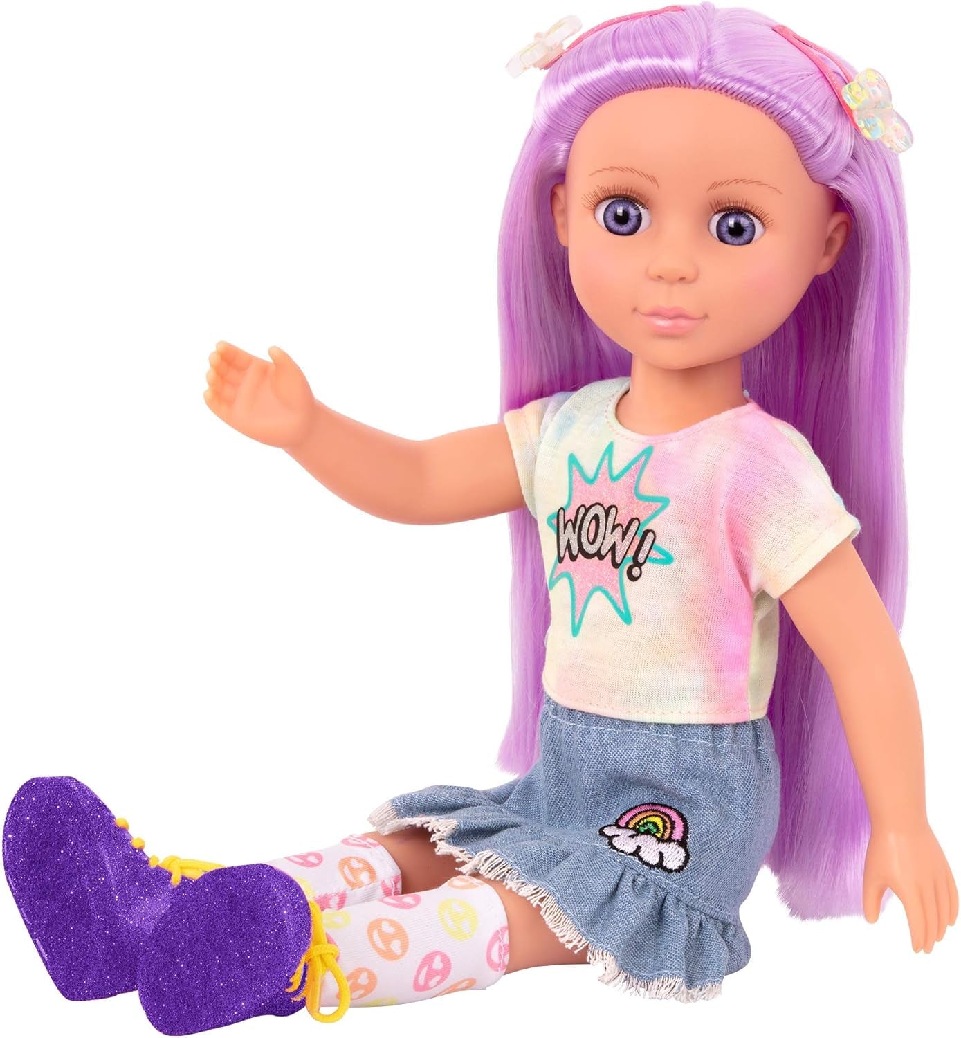 Glitter Girls - Luma - Gelede pop van 36 cm - Uniek paars haar en paarse ogen - Haarextensions, strik, clips en kleurrijke outfit - 3 jaar +