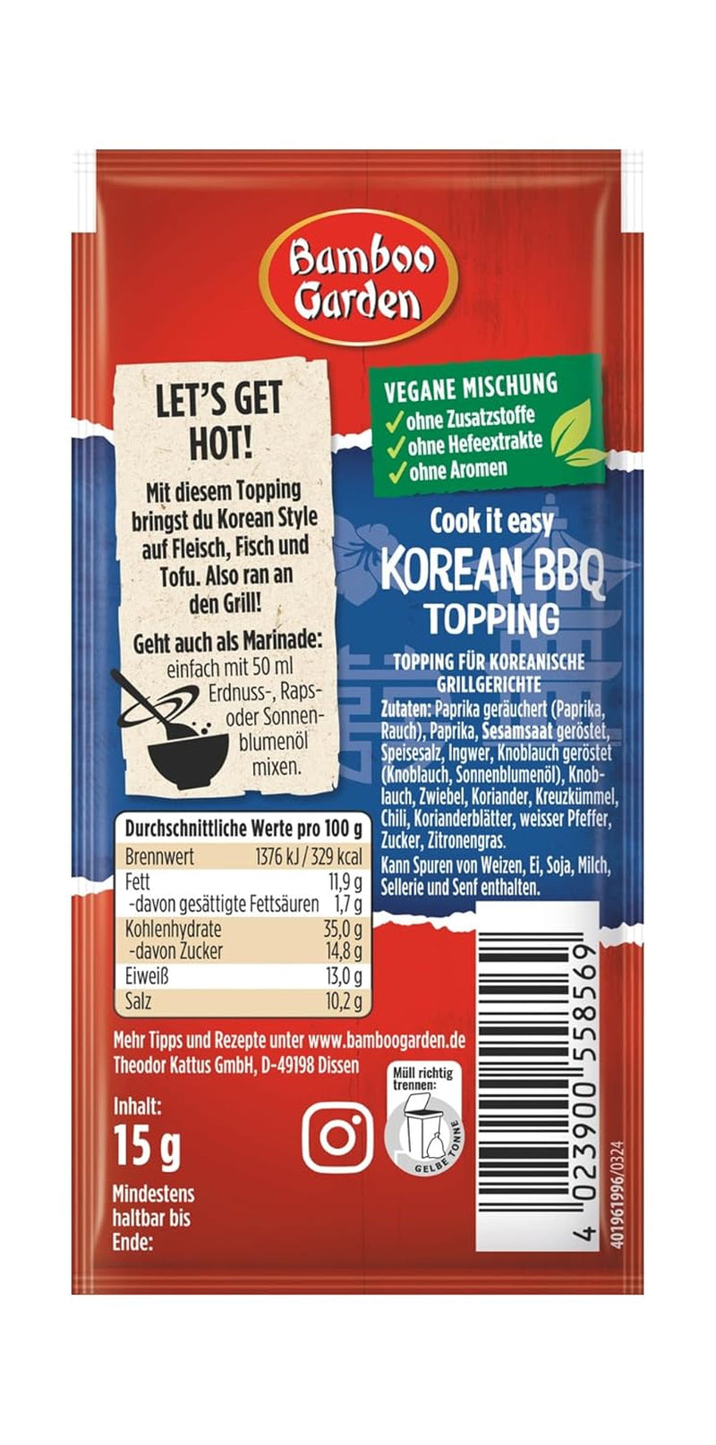 Bamboo Garden - Koreaanse BBQ-topping | Gewürztopping zum Verfeinern von Koreaanse Grillgerichten | Veganistische, natuurlijke ingrediënten | 15 g in zak