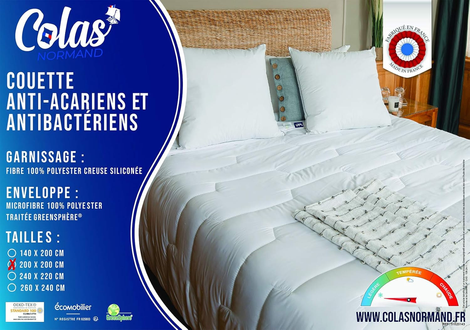 COLAS NORMAND Anti-mijt- en antibacterieel dekbed, licht, 200 X 200 cm, langdurige werking, perfecte hygiëne, microvezel, zacht en comfortabel, wasbaar, Frans, wit 53130248 Naty Shop Quilts en Quilts