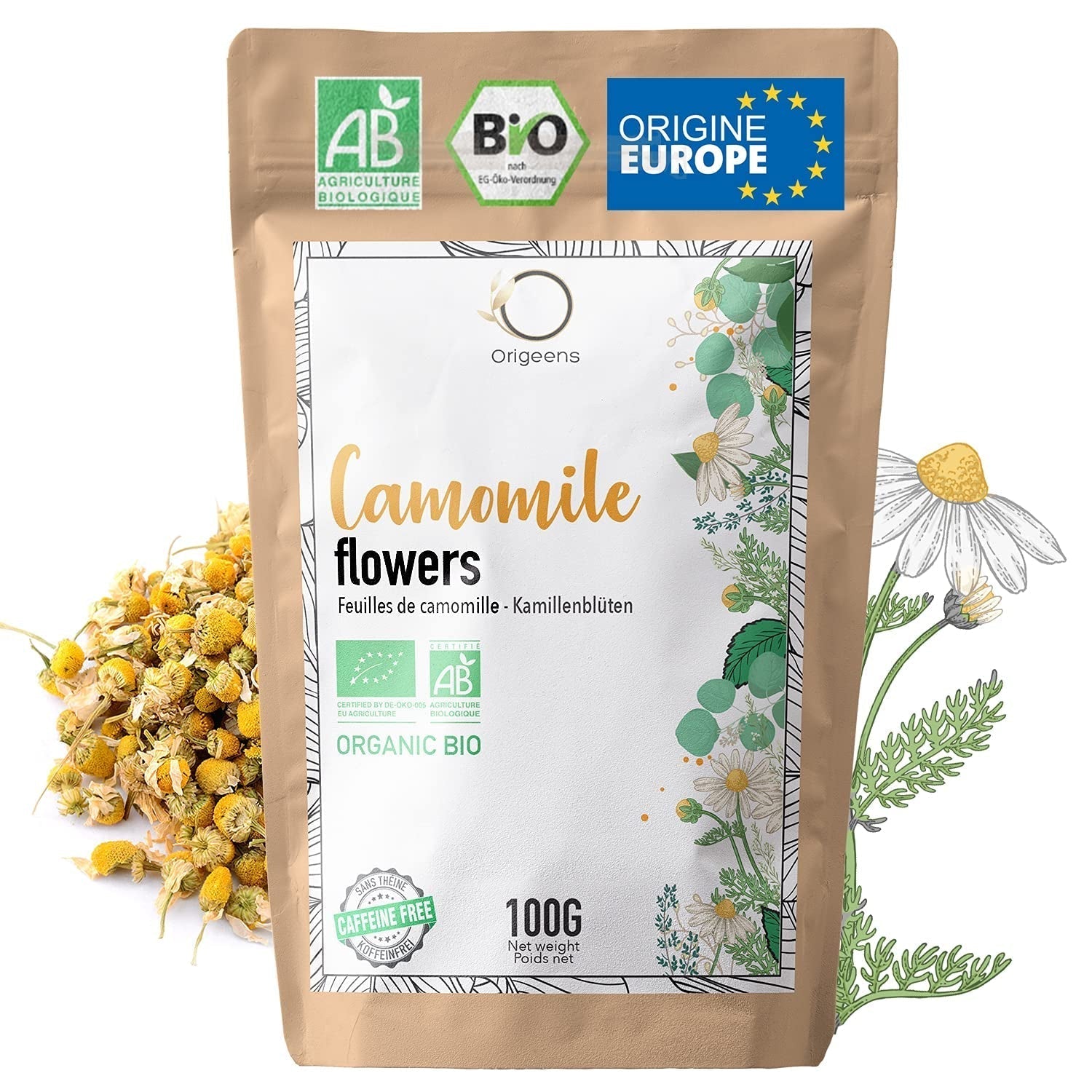 ORIGEENS Biologische Kamillebloementhee uit Europa, 100 g | Losbladige thee, biologische thee voor slaap en spijsvertering | Duitse Kamille | Gecertificeerd en verpakt in Duitsland