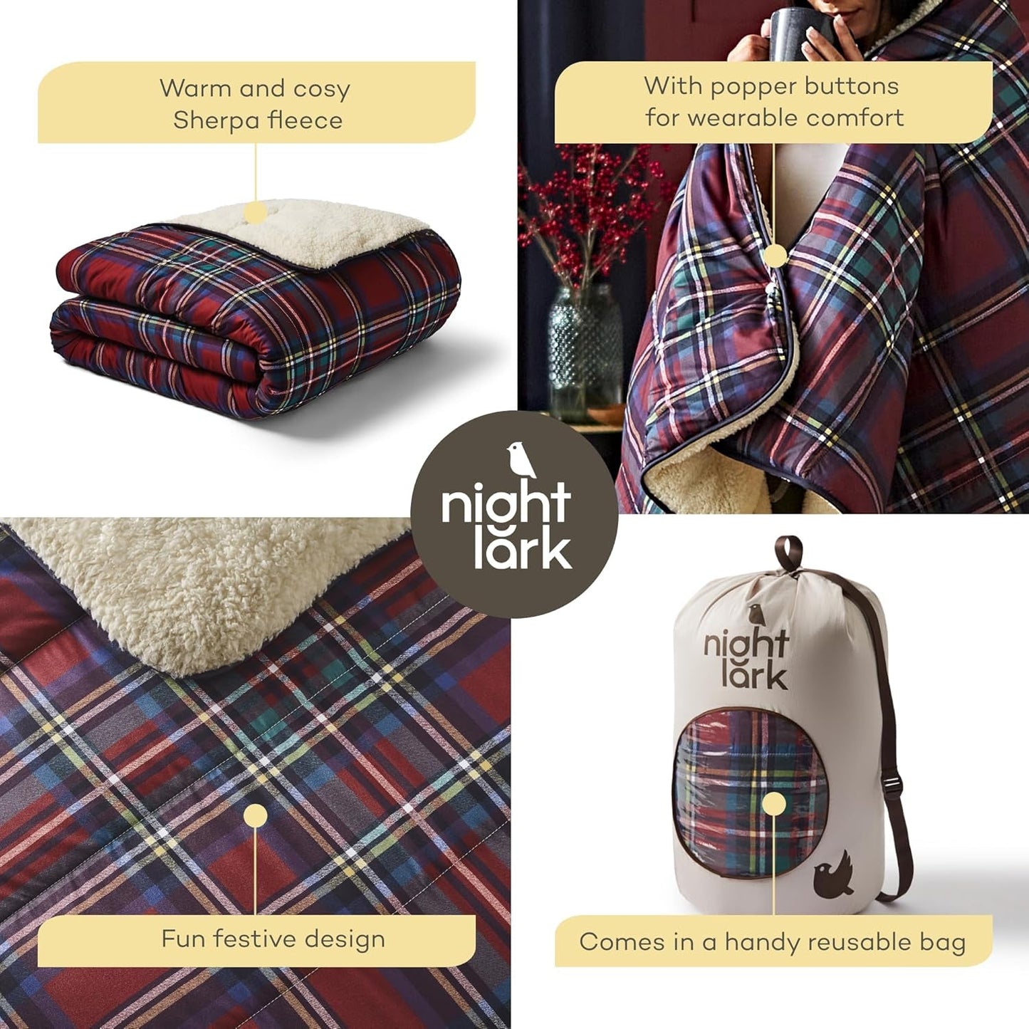 Night Lark Cozy Sherpa Fleece deken, klassieke rode tartan, 9 Tog, luxueus, pluizig, dik en omkeerbaar, perfect voor bank, bed, bank, bank. Hypoallergeen, machinewasbaar, maat: Night Lark Bedden en dekbedden
