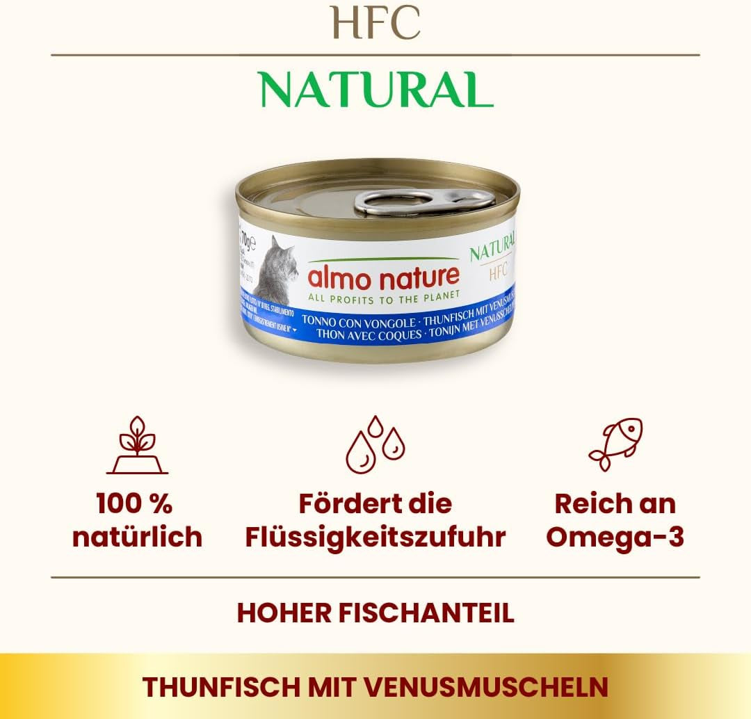Almo Nature HFC Natuurlijk kattennatvoer - Tonijn met venusschelpen, verpakking van 24 (24 x 70 g)