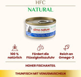 Almo Nature HFC Natuurlijk kattennatvoer - Tonijn met venusschelpen, verpakking van 24 (24 x 70 g)