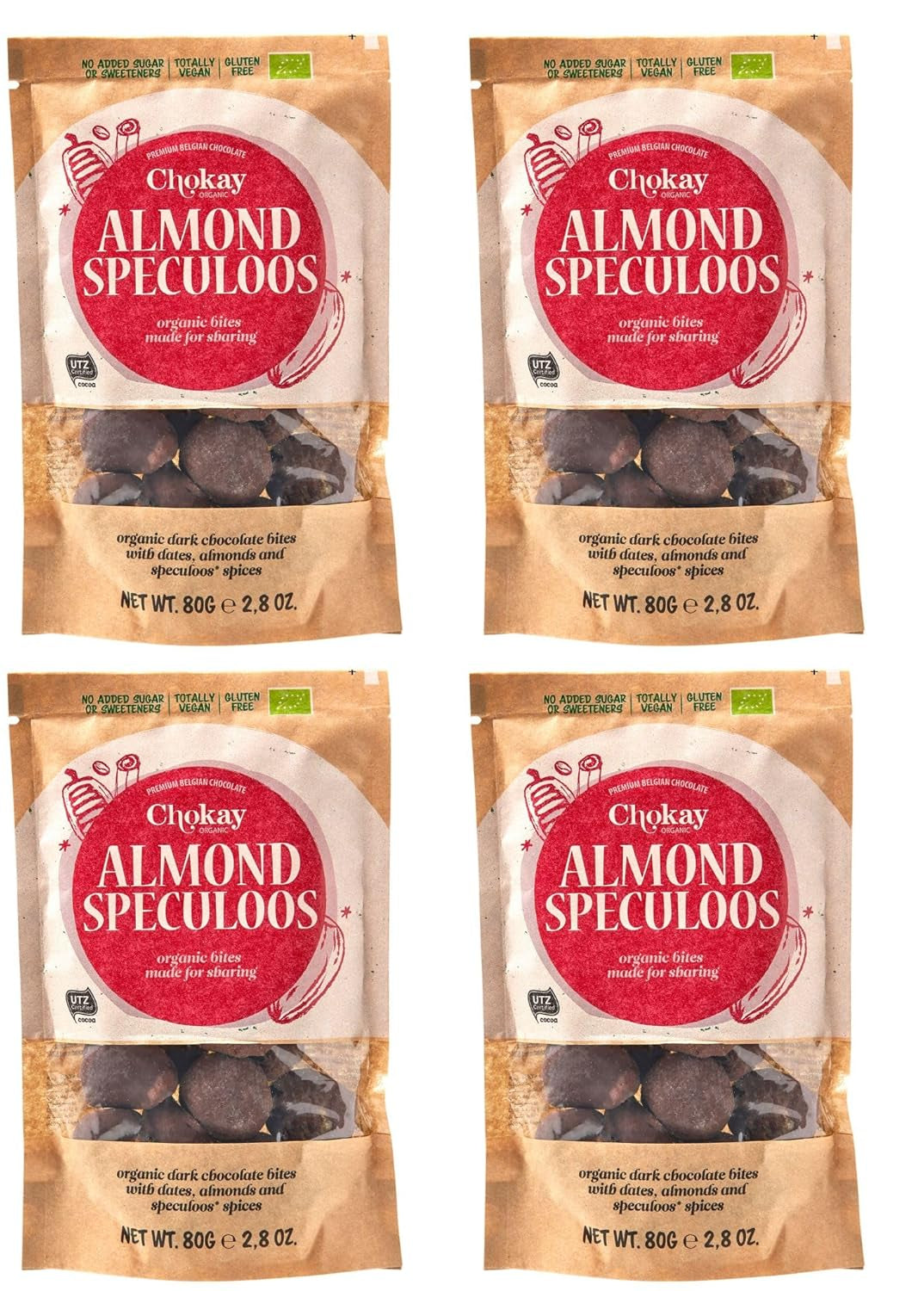 Set van 4 biologische hapjes - Kaneelamandelen/kaneelamandelen in Belgische pure chocolade/zonder toegevoegde suiker, zonder zoetstoffen/VEGAN & FAIR TRADE / 4 x 85g