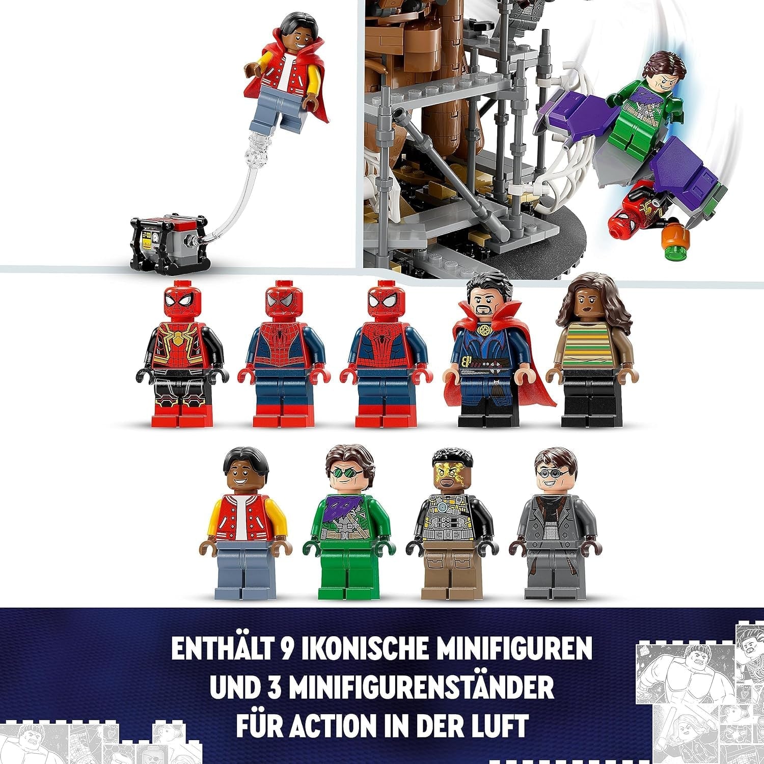 LEGO 76261 Marvel Spider-Man's Big Showdown, Spider-Man: No Way Home set met 3 minifiguren Peter Parker plus Green Goblin, Electro, Sandman, Ned, Doctor Strange en MJ, verzamelmodel Bouwsets Besuche in LEGO-Store
