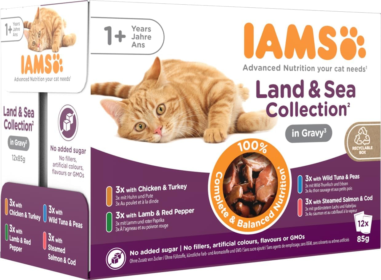 IAMS Delights Land & Sea Collection Natvoer voor katten - Assortiment vlees en vis Multipack in saus, Natvoer voor katten vanaf 1 jaar, 12 x 85 g