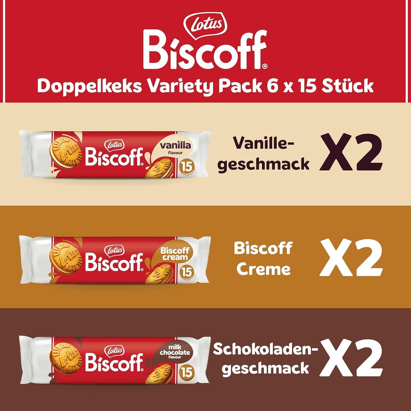 Lotuskoekje | Variatiepakket dubbele koekjes | 3 variëteiten | 2 pakketten per variëteit | 15 dubbele koekjes per verpakking | Ingrediënten van natuurlijke oorsprong | Geen kleurstoffen | 6 x 150 g | 900g
