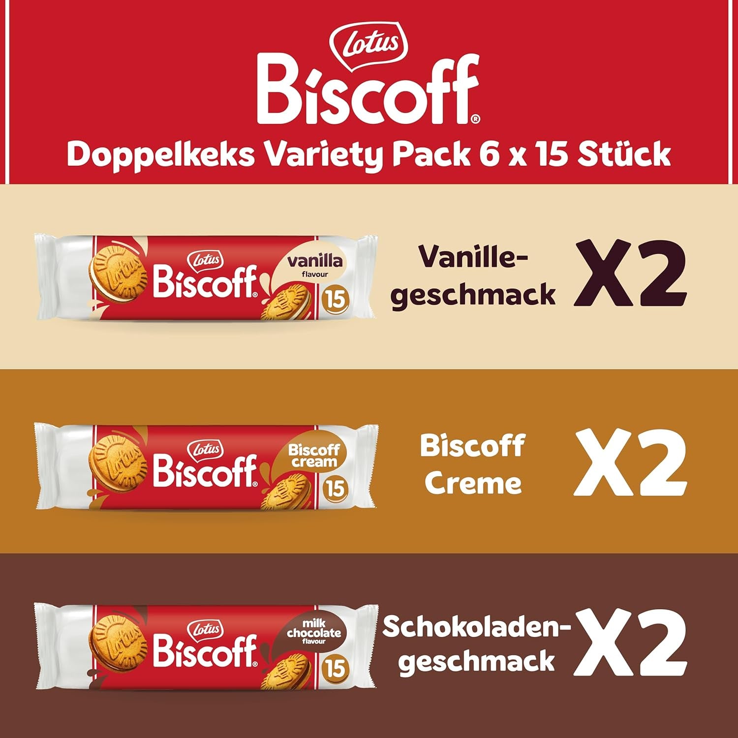Lotuskoekje | Variatiepakket dubbele koekjes | 3 variëteiten | 2 pakketten per variëteit | 15 dubbele koekjes per verpakking | Ingrediënten van natuurlijke oorsprong | Geen kleurstoffen | 6 x 150 g | 900g
