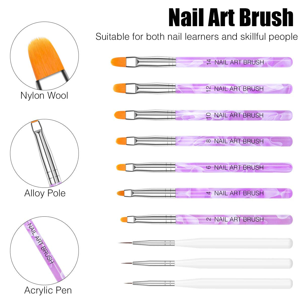 Nagel Pinsel Set, 10-Teilig Gelnägel Pinsel Nagellackstift Acrylpinsel voor UV Gel Nägel Acrylfingernägel Nailart Maniküre Nageldesign Zubehör