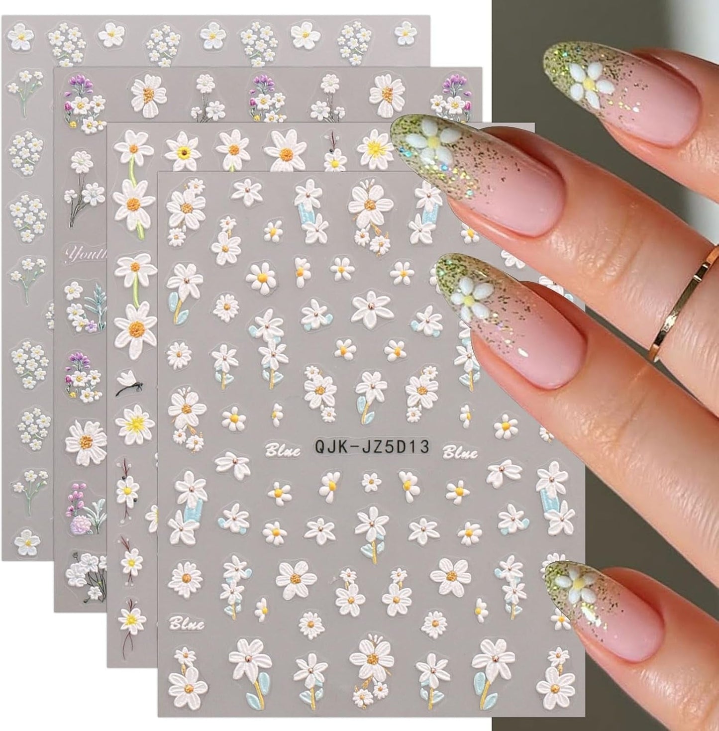 JMEOWIO 3D Nagelsticker Blumen Nail Art Sticker Selbstklebend Nagelaufkleber 5D Stereoskopisch Zomer Frühling Blumen Dekoration Nageldesign Zubehör 4 Blatt