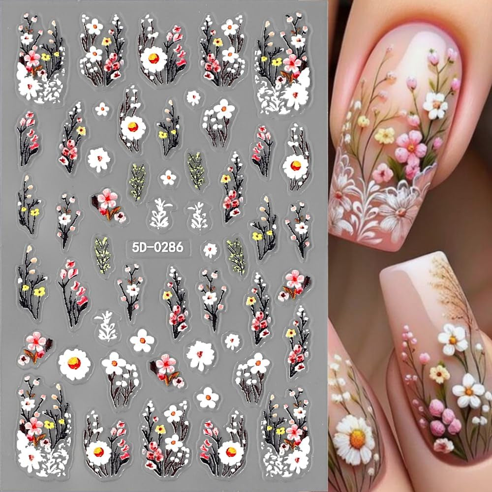 Pruimenbloem Nagelstickers, Wit Roze Bloem Nagelstickers, Bloemnagelstickers met Reliëf, Lente Zomer Bloemnagelstickers, Nagelontwerpen, Nagelaccessoires, Nagelkunst