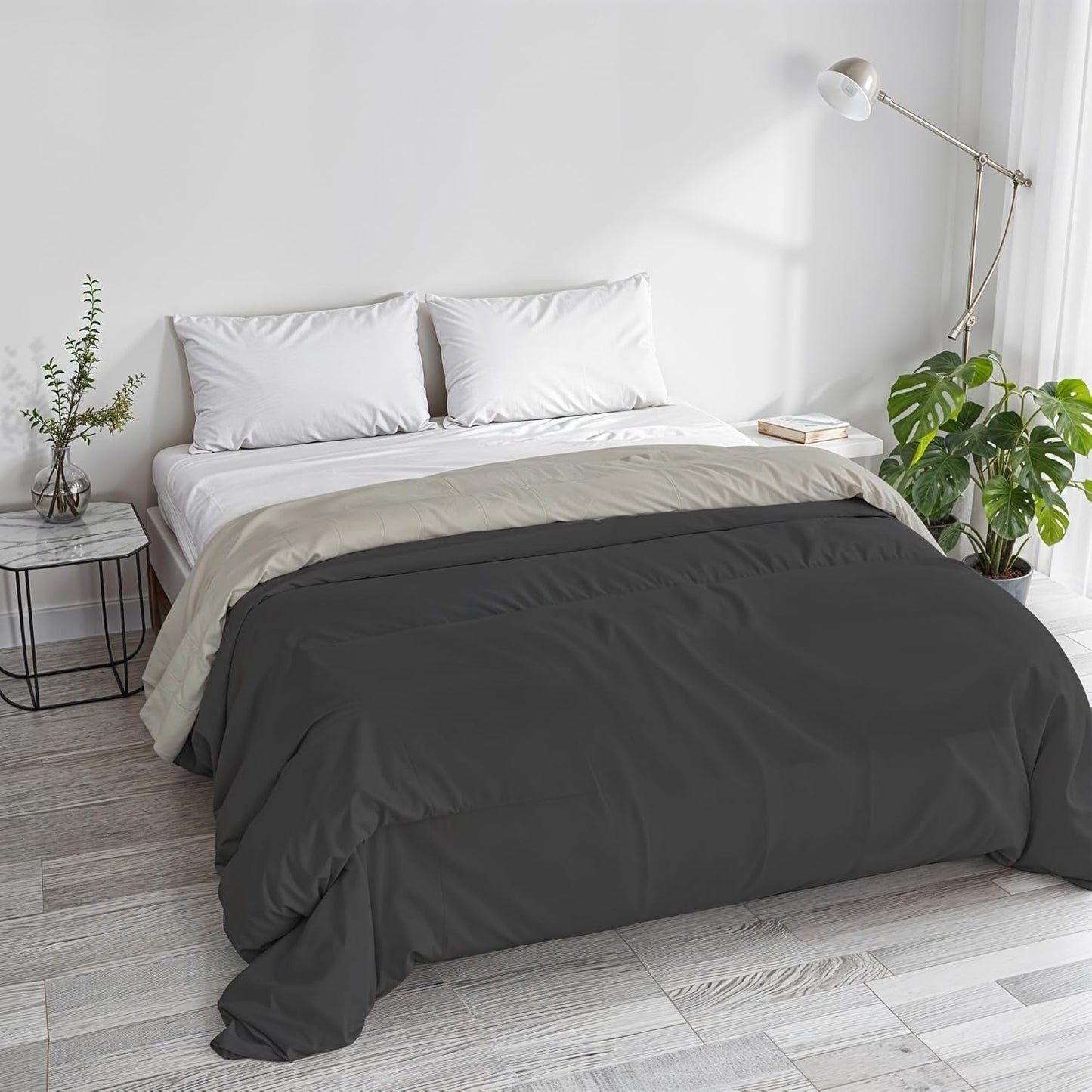 Basic winterdekbed, effen en gevoerd, donkergroen/crème, 200X245Cm Dekbedden en quilts Naty Shop Donkergrijs/lichtgrijs 250X245Cm