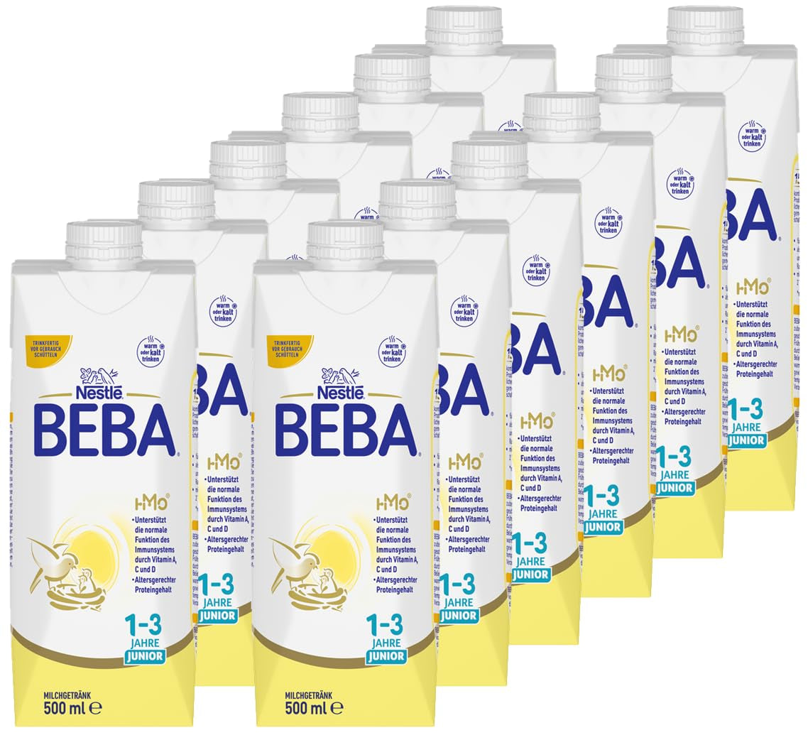 BEBA Junior kant-en-klare melkdrank 1-3 jaar, met HMO, bij de leeftijd passend eiwitgehalte, palmolievrij, visolievrij, peutervoeding, 12 stuks (12 x 500 ml)