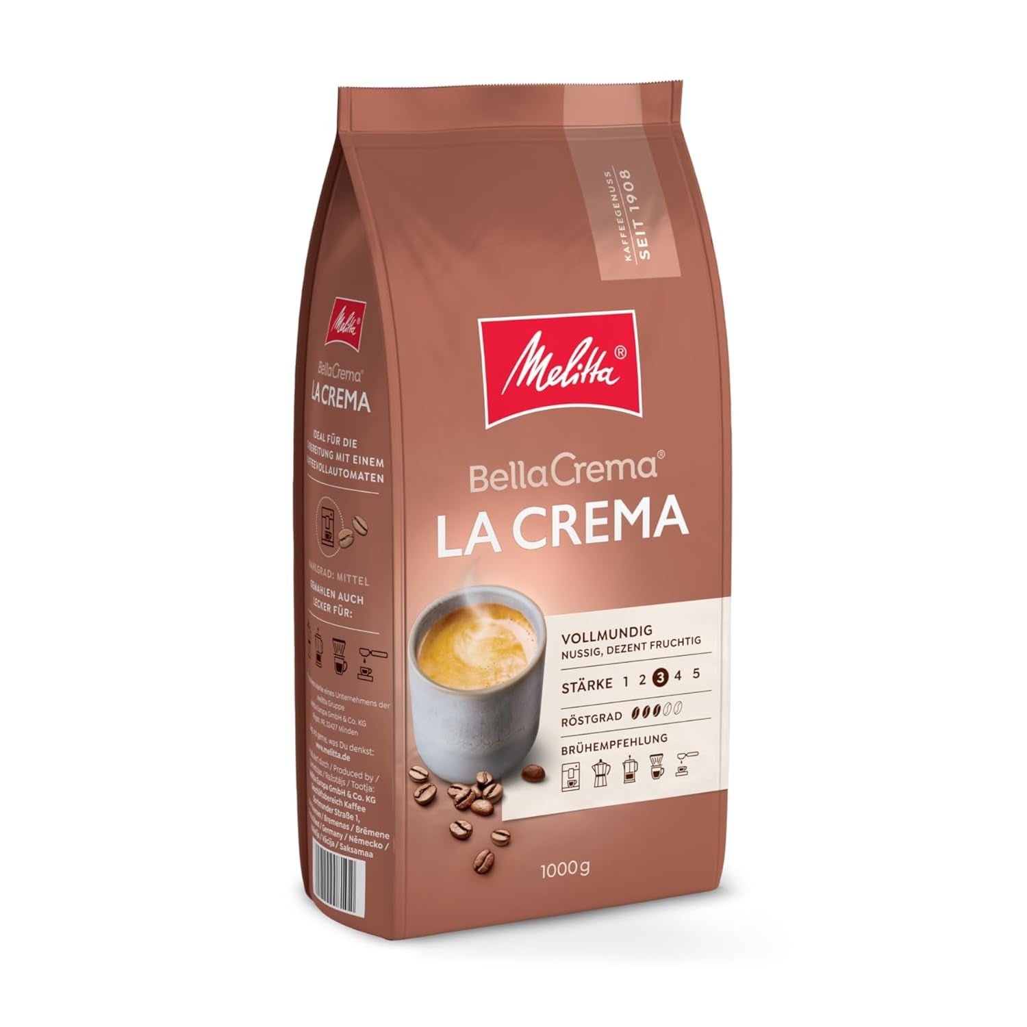 Melitta BellaCrema La Crema Ganze Kaffee-Bohnen 1kg, ungemahlen, Kaffeebohnen für Kaffee-Volautomat, medium Röstung, geröstet in Deutschland, Stärke 3