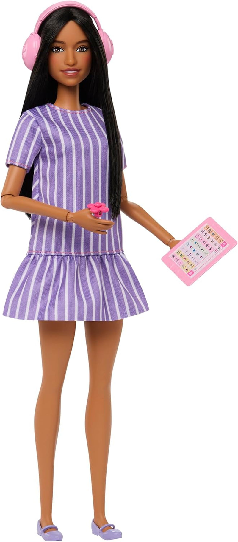 Barbie Fashionistas pop nr. 245, autistische pop met paars gestreepte jurk en accessoires zoals fidgetspinner, tablet en koptelefoon, JJN58