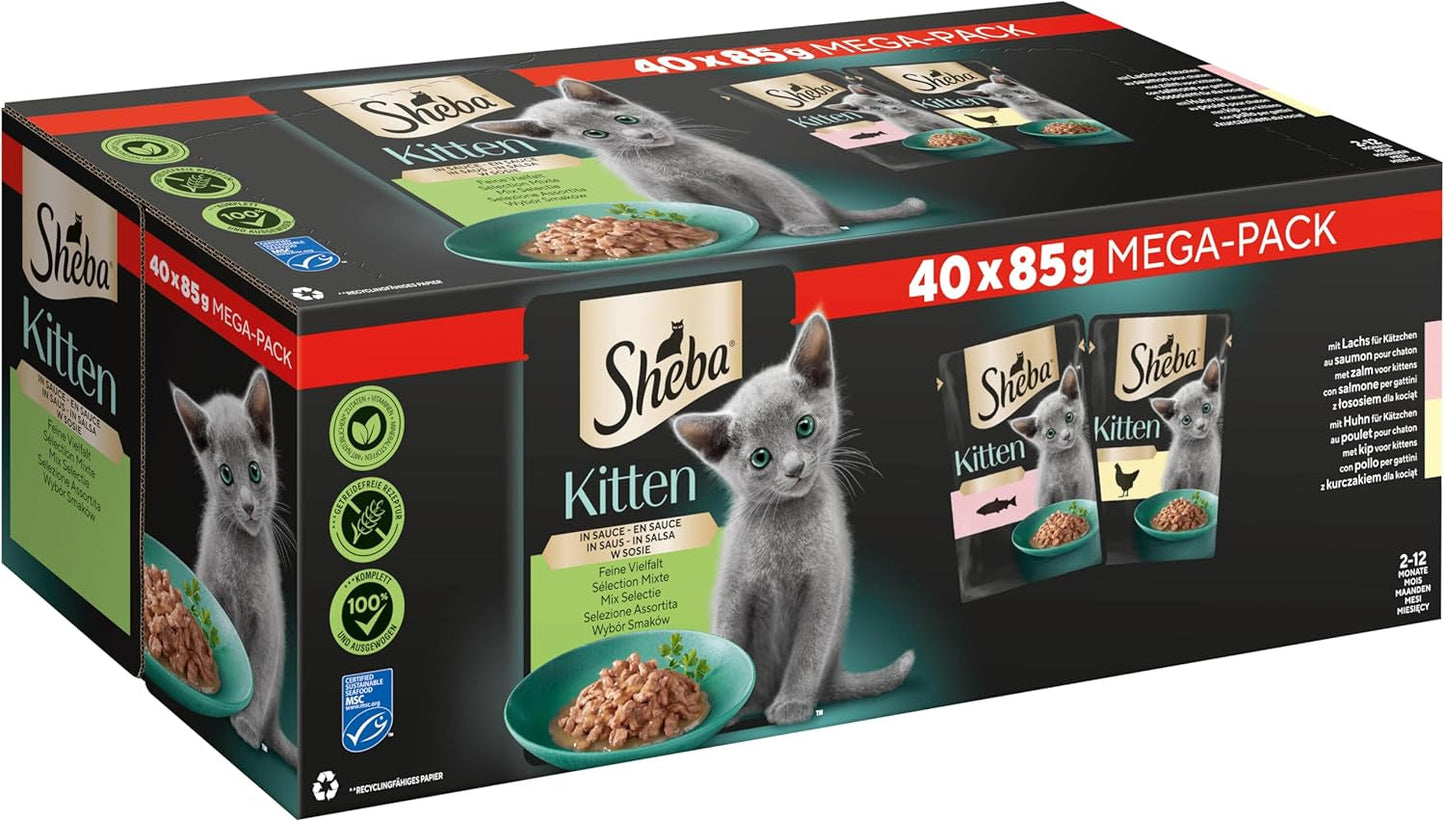 Sheba natvoer voor kittens, in diverse zakjes, met zalm (MSC) en kip in saus, multipack 40x85g