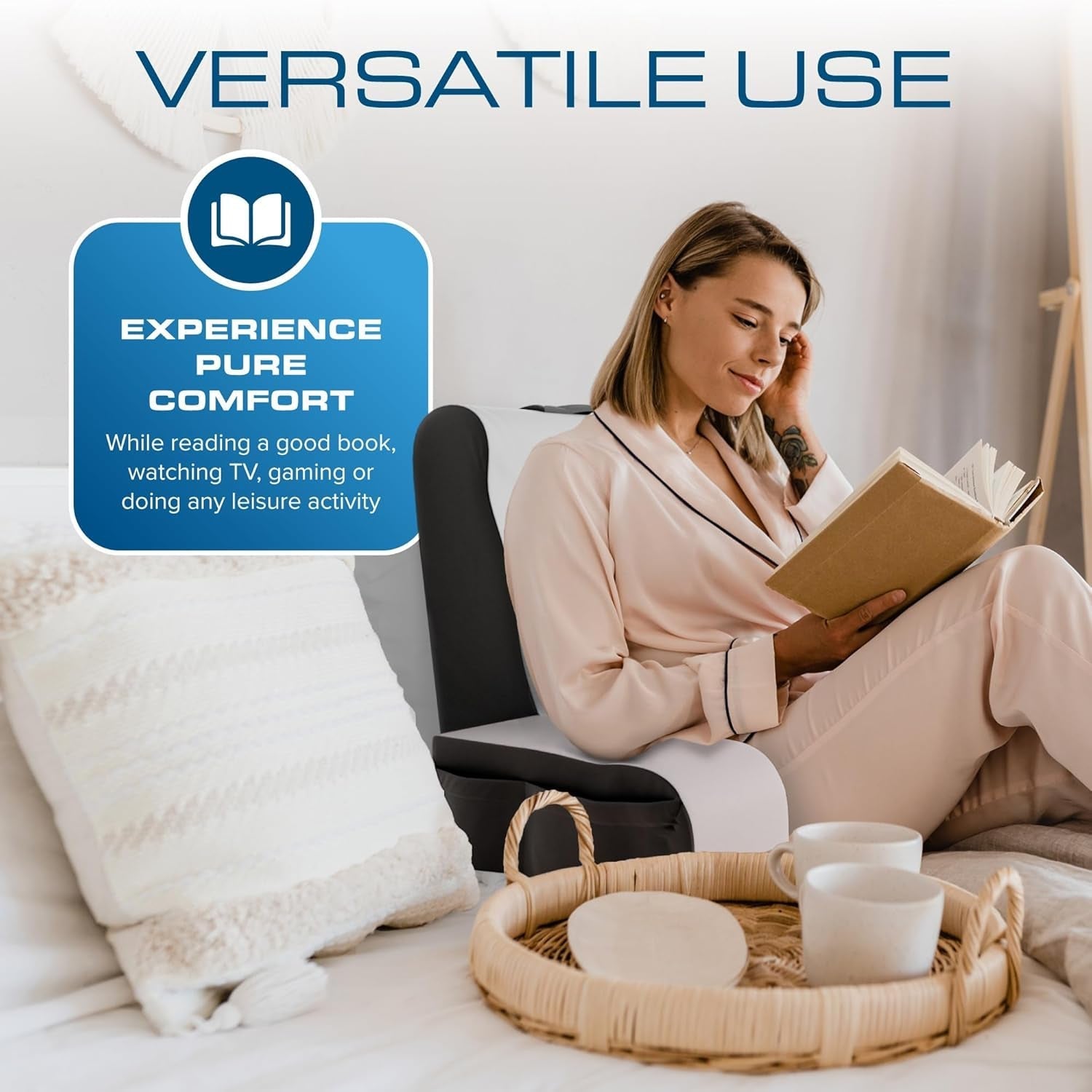 Wigleeskussen, bedrugleuningkussen, armkussen voor tv, boeken, games, slaapkamer, rugsteun (grijs/wit, standaard)