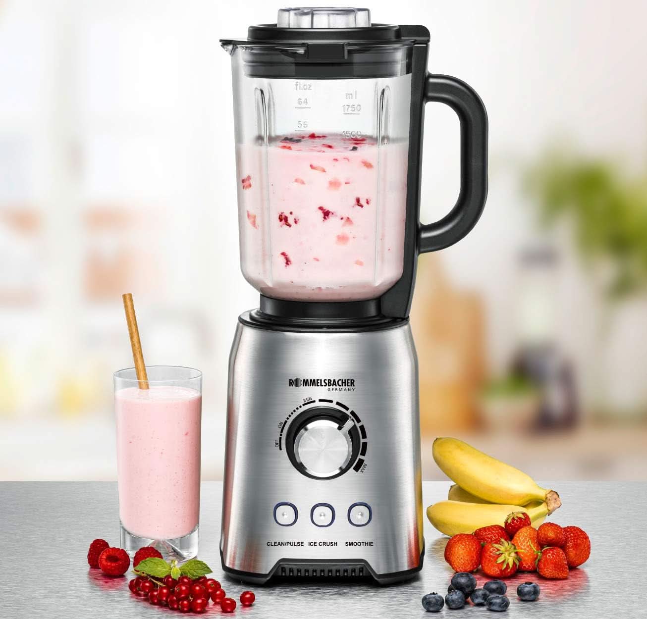 ROMMELSBACHER Standmixer MX 1250-22.000 U/Min, Stufenlose Drehzahlregulierung, Funktionsstasten (Smoothie, Clean/Pulse, Ice Crush), Glaskrug, Edelstahlgehäuse, Spezialmesser, 1200 Watt Kitchen Naty Shop