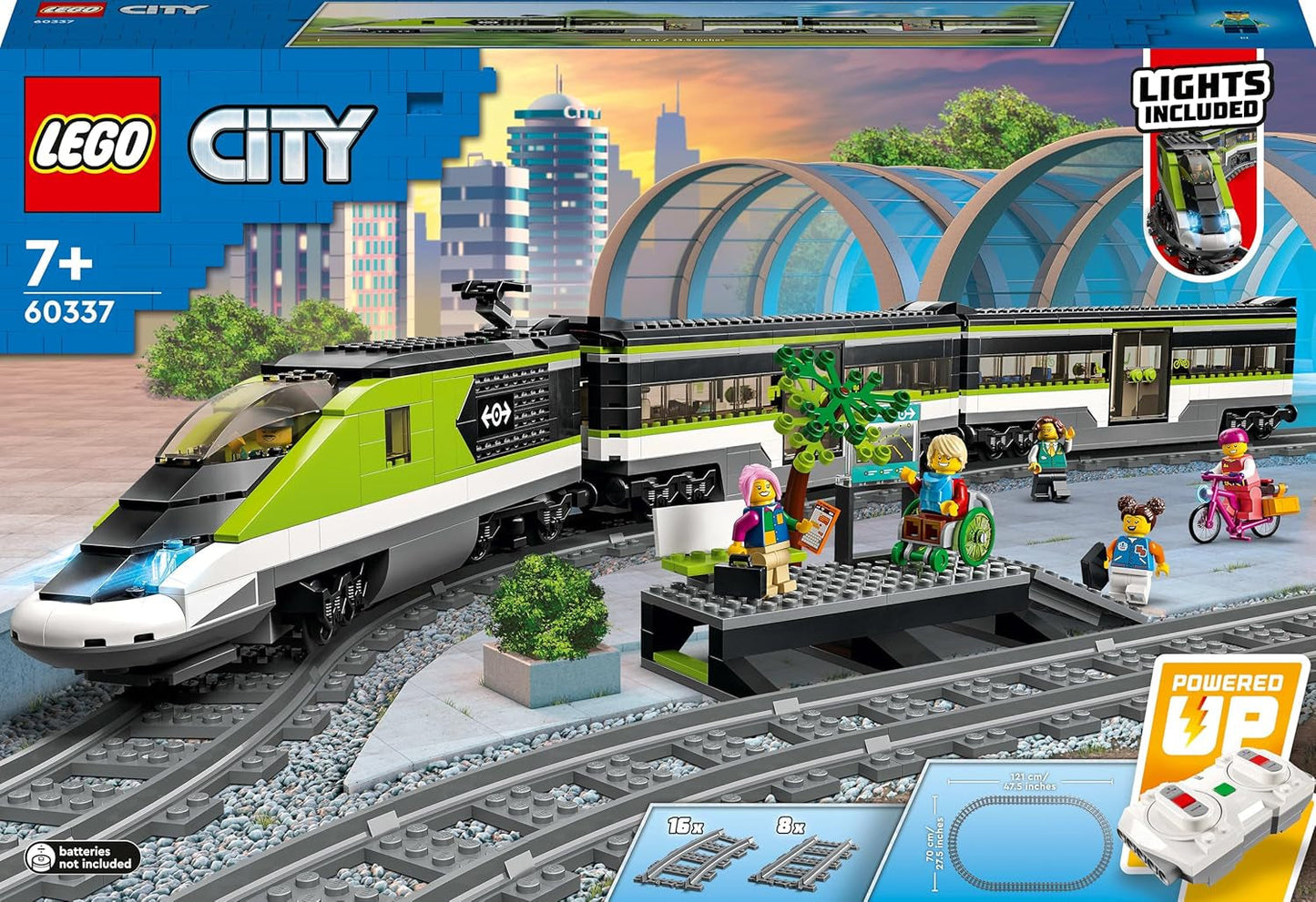 LEGO City Passagierssneltrein, treinset met afstandsbediening, spoorwegspeelgoed met koplampen, 2 rijtuigen en 24 baanelementen, cadeau voor kinderen, jongens en meisjes 60337 Bouwsets Besuche in LEGO-Store