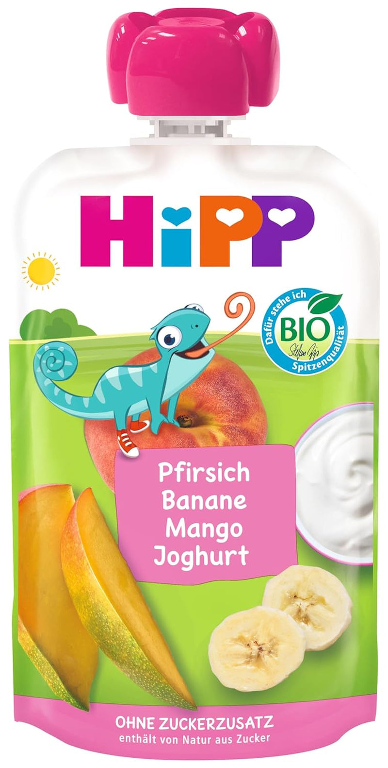HiPP Perziken Bananen Mango met Yoghurt, Samendrukbare zak vanaf 1 jaar, 8 x 100 g