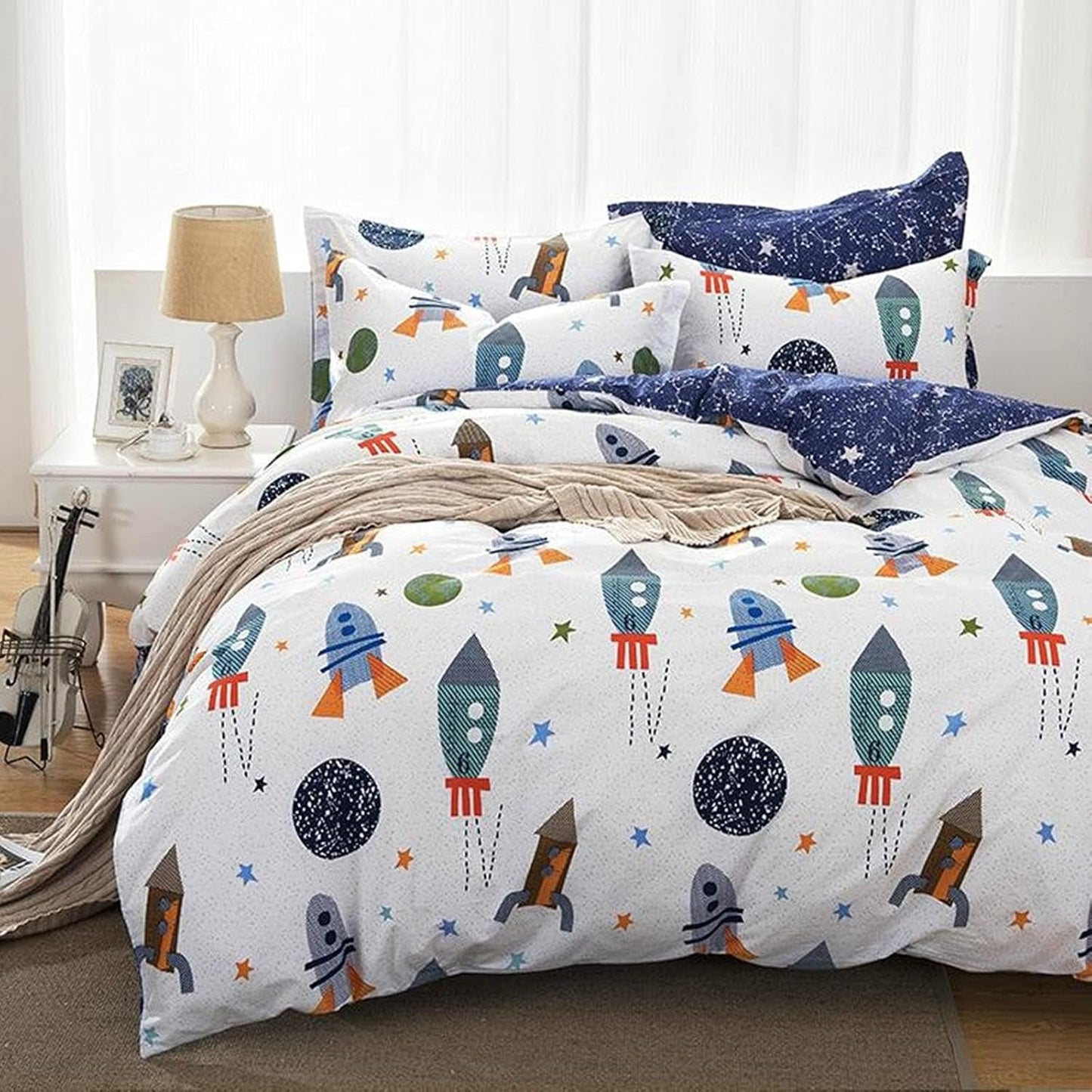 Beddengoed voor kinderen, raketten en planeten, omkeerbaar ontwerp, katoenen beddengoed - kinderen Naty Shop 135X200Cm + 80X80Cm