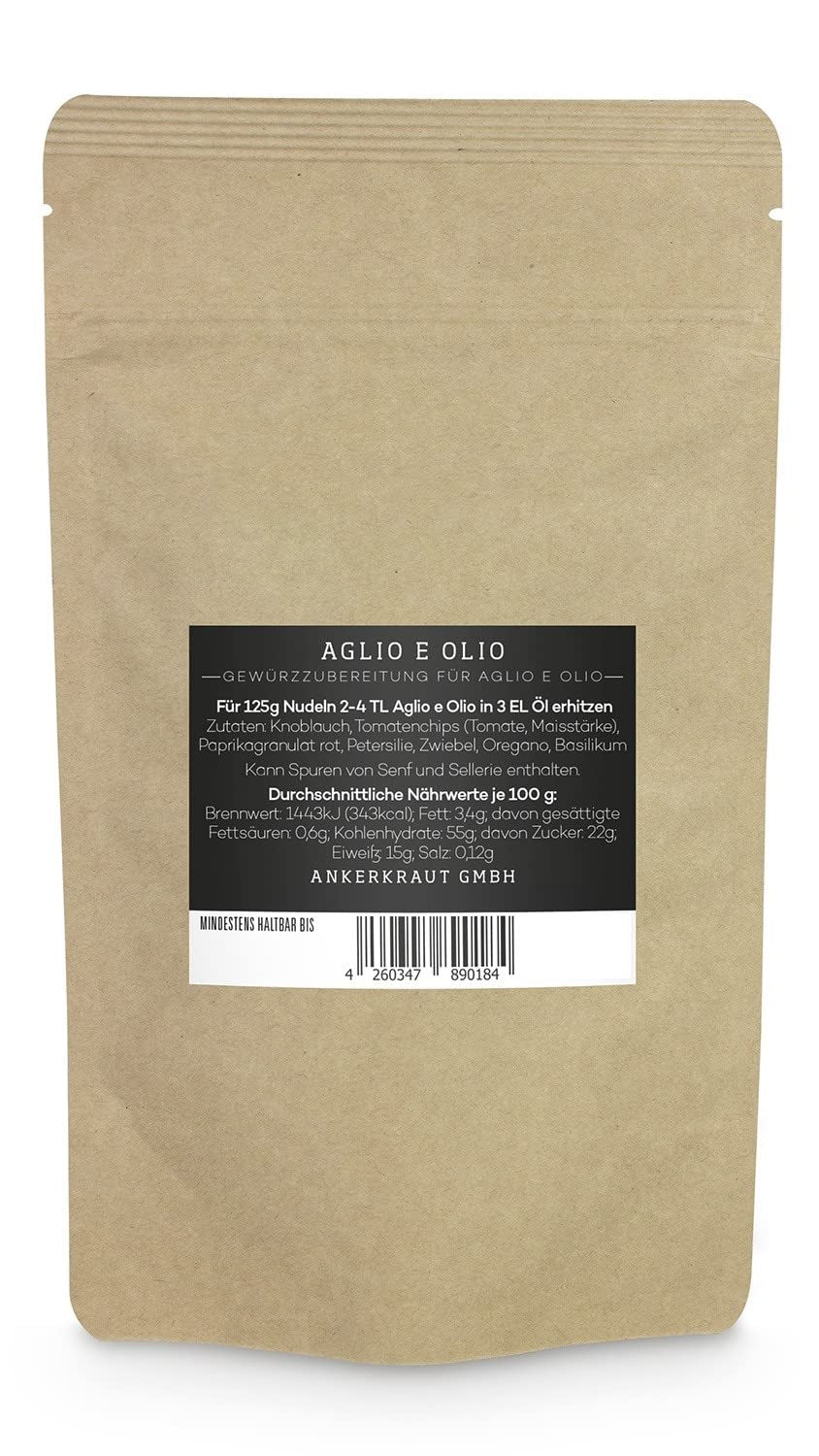 Ankerkraut Aglio e Olio, Italiaanse Gewürzmischung voor Pasta en Klassieke Spaghetti-Noedels, 120g in een aromatisch zakje