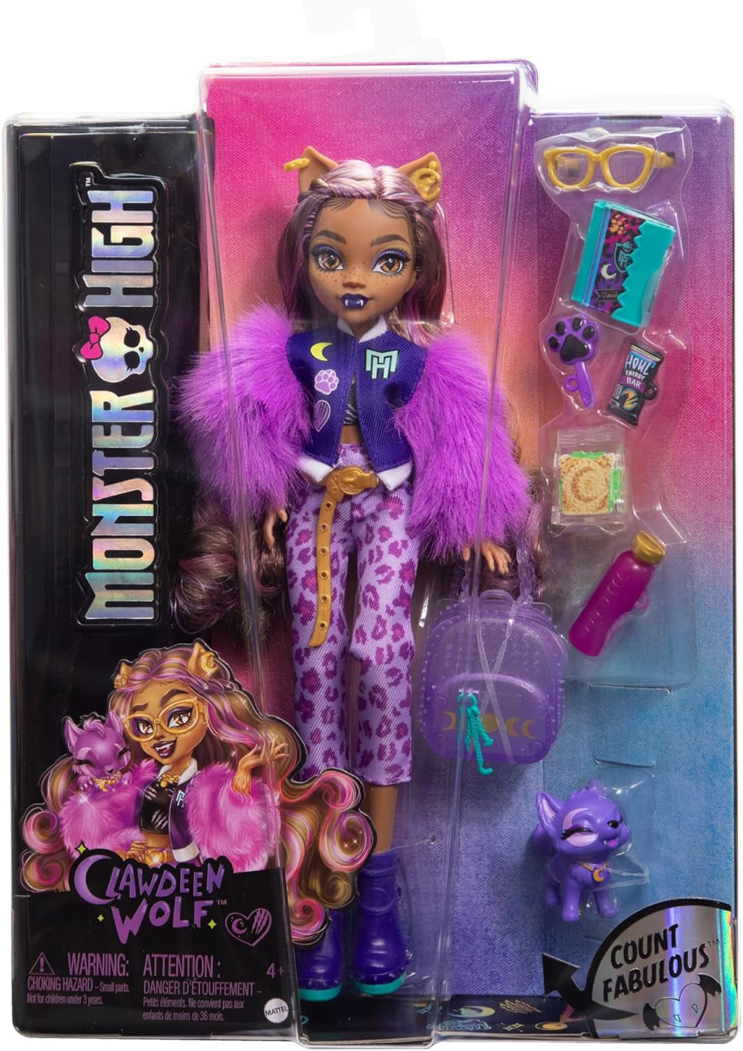 Monster High Clawdeen Wolf-pop met puppy-halve maan en accessoires zoals schooltas, kalender, snacks en meer, HRP65