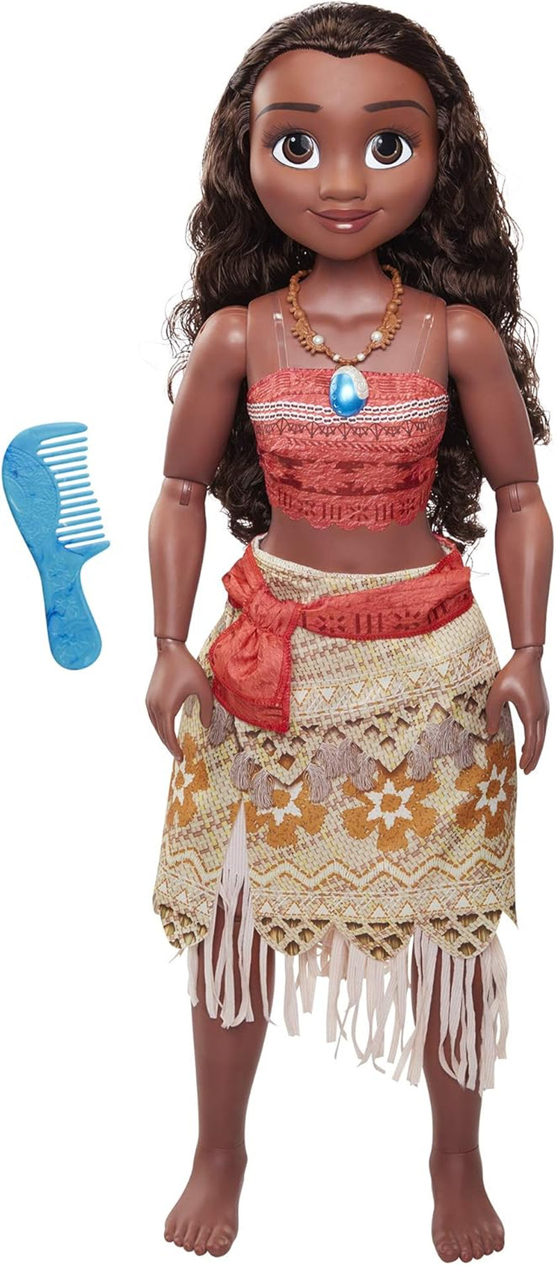 Disney Princess Vaiana, 80 cm grote speelpop van Jakks Pacific, bewegliche pop, met Bürste zum Kämmen ihrer welligen Locken, vom Film geïnspireerde Kleed, abnehmbare Halskette met Anhänger