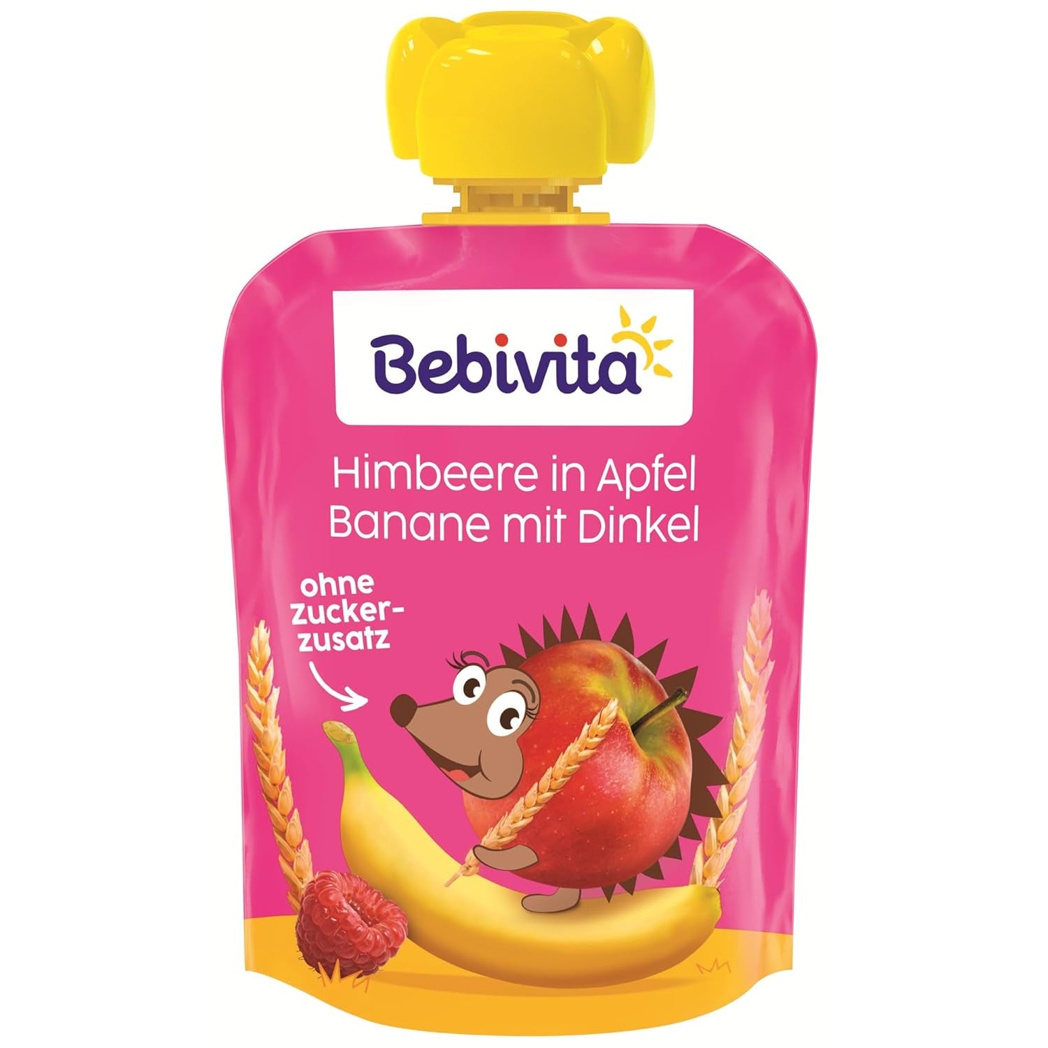 Knijpbare zakjes fruit, framboos, appel, banaan en spelt - 16 stuks (pak van 4, elk 4 x 90 g), zonder toegevoegde suiker, gemaakt van zacht fruit en gezonde granen, ideaal voor afhaalsnacks en zelfconsumptie