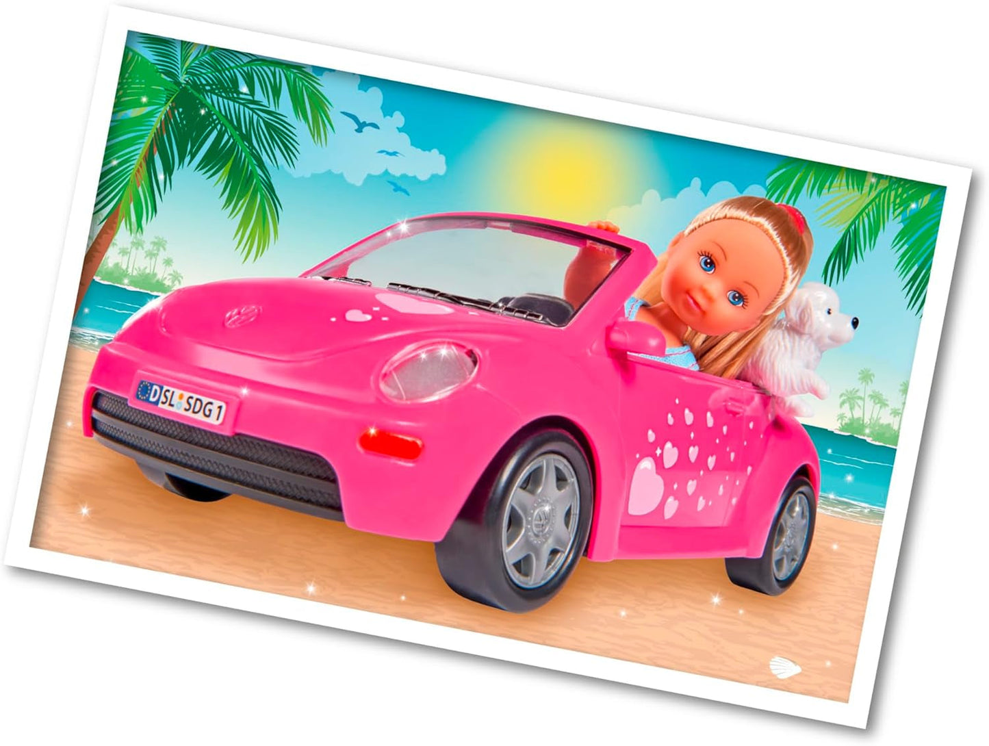 Simba 105731539 - Evi Love Beetle Evi's, Evi met auto, auto: 22 cm, met hond, modepop, 12 cm, voor kinderen vanaf 3 jaar
