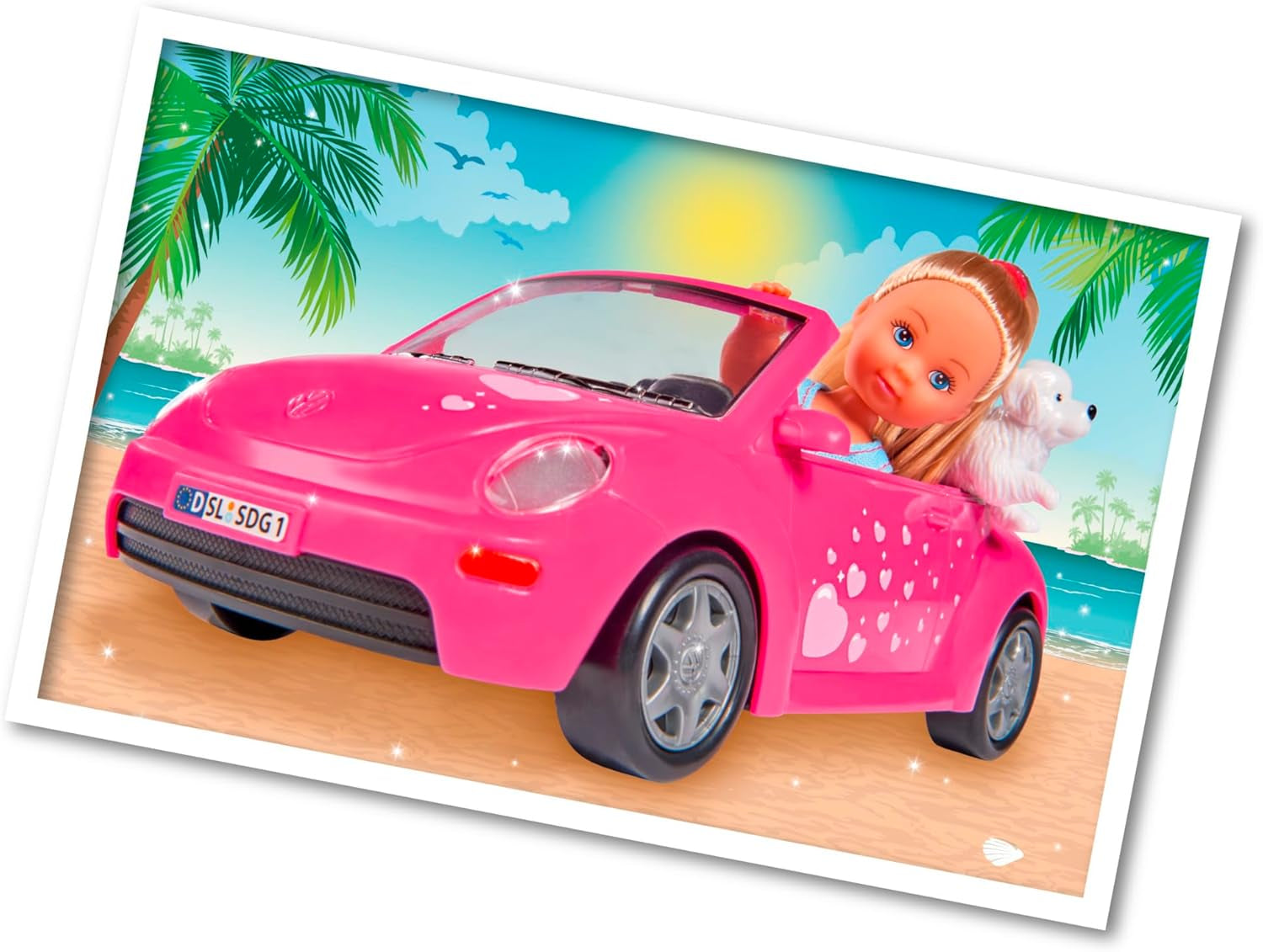 Simba 105731539 - Evi Love Beetle Evi's, Evi met auto, auto: 22 cm, met hond, modepop, 12 cm, voor kinderen vanaf 3 jaar
