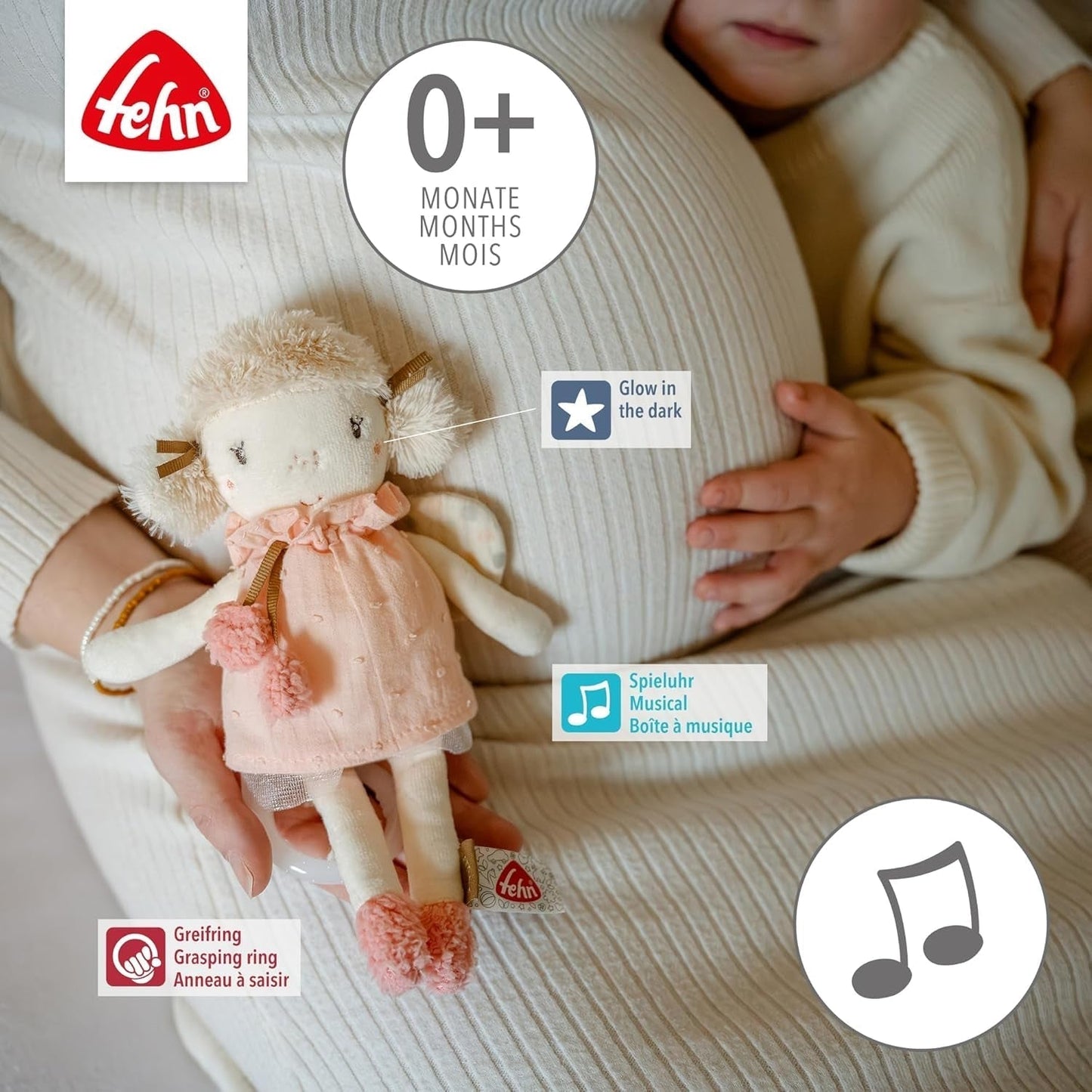 Fehn mini muziekdoosfee - knuffel en slaaphulpje: opwindbare muziekdoos met de zachte melodie "Zwanenmeer" kalmeert in elke situatie - voor baby's en peuters vanaf 0+ maanden Speelgoed Bebe Naty Shop