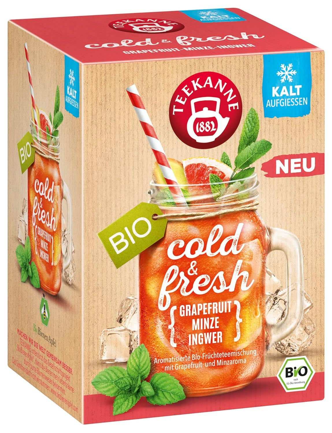 Teekanne Cold & Fresh BIO 4Er Mix - Met de nieuwe soorten citroen-munt, perzik-maracuja, sinaasappel-rozemarijn, grapefruit-munt-gember (4 X 45G)