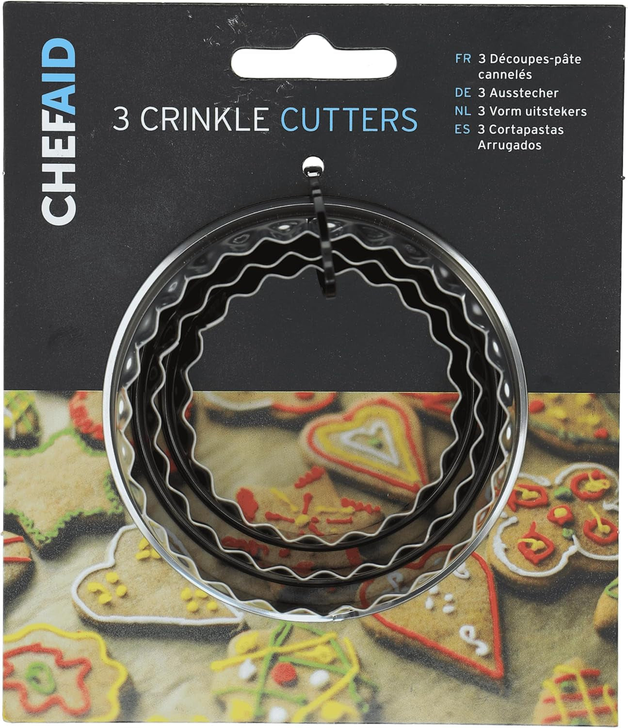 Chef Aid Biscuit Mold Set van 3: Koekjes-, scone-, cake-, mini-quiche- en deegkoekjesvormen, ideaal voor thuis bakken, taartdecoratie, fondant, gecanneleerde roestvrijstalen cirkels.