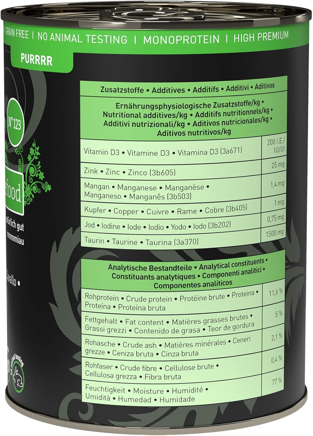 Natvoer voor katten Catz Finefood Purrrr Paard Monoproteïne nr. 123, voor katten met een gevoelige spijsvertering, 70% vleesgehalte, 6 dozen x 400 g